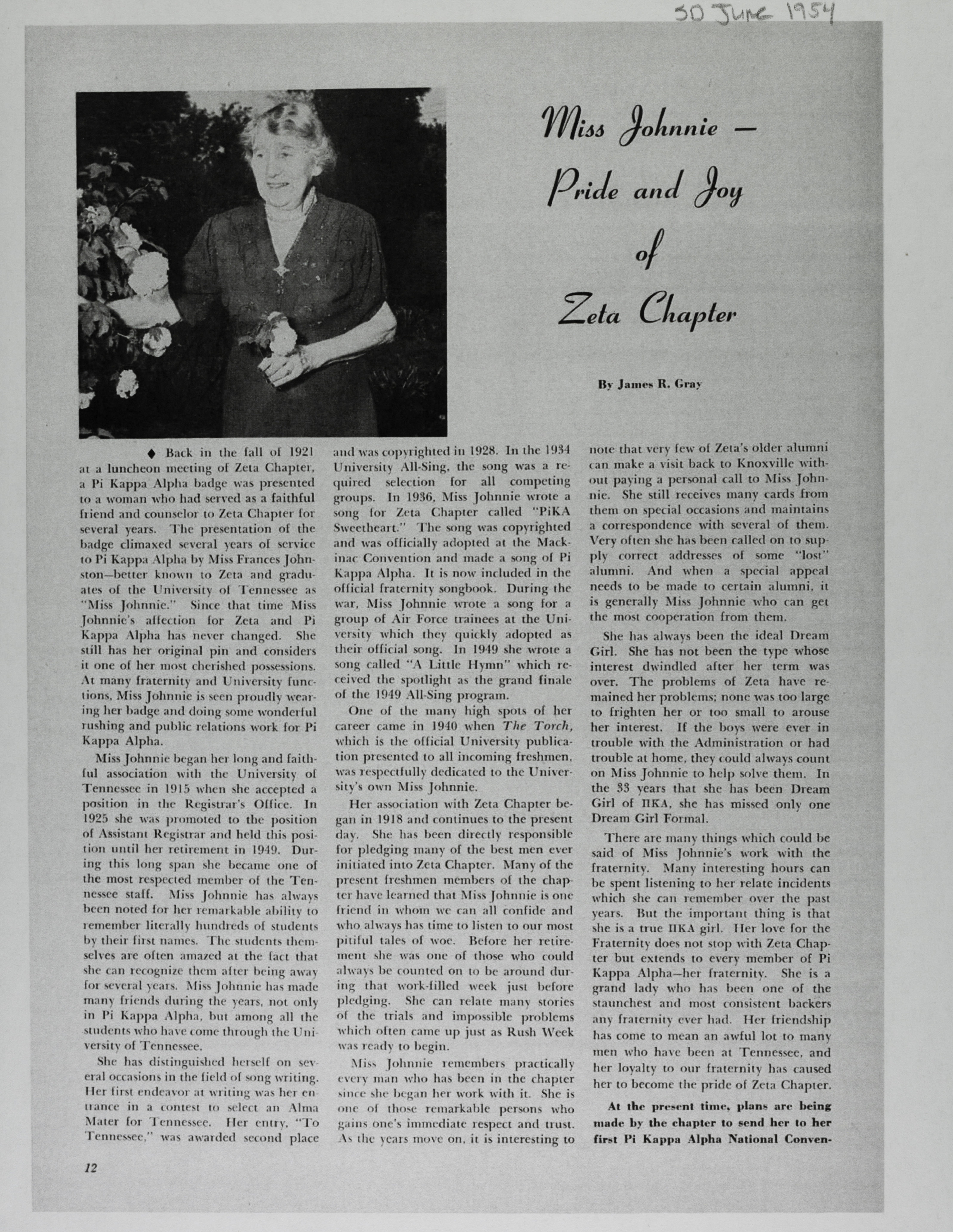 Miss Johnnie—Pride and Joy of Zeta Chapter Magazine Clipping, June 30, 1954