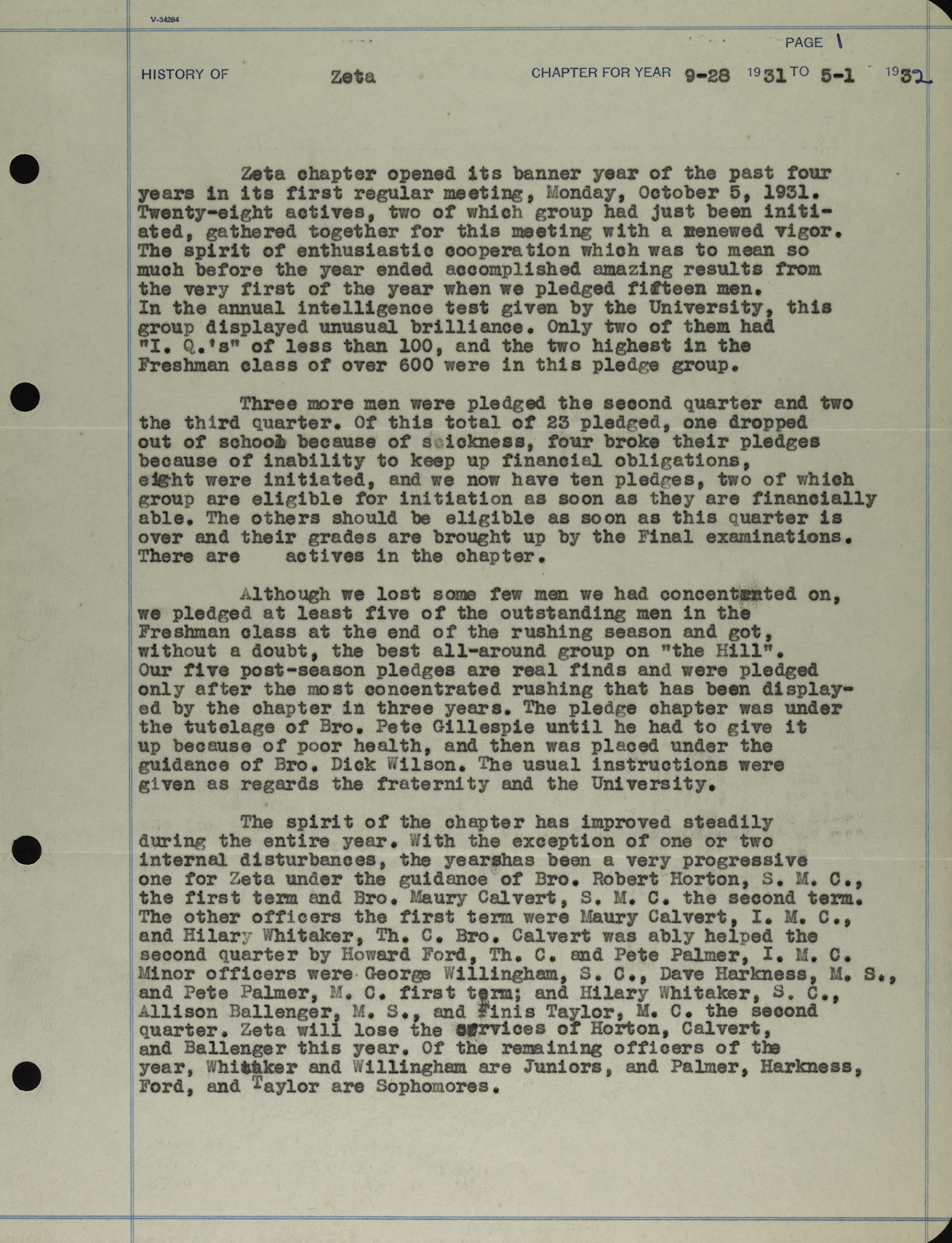 History of Zeta Chapter, September 28, 1931-May 1, 1932