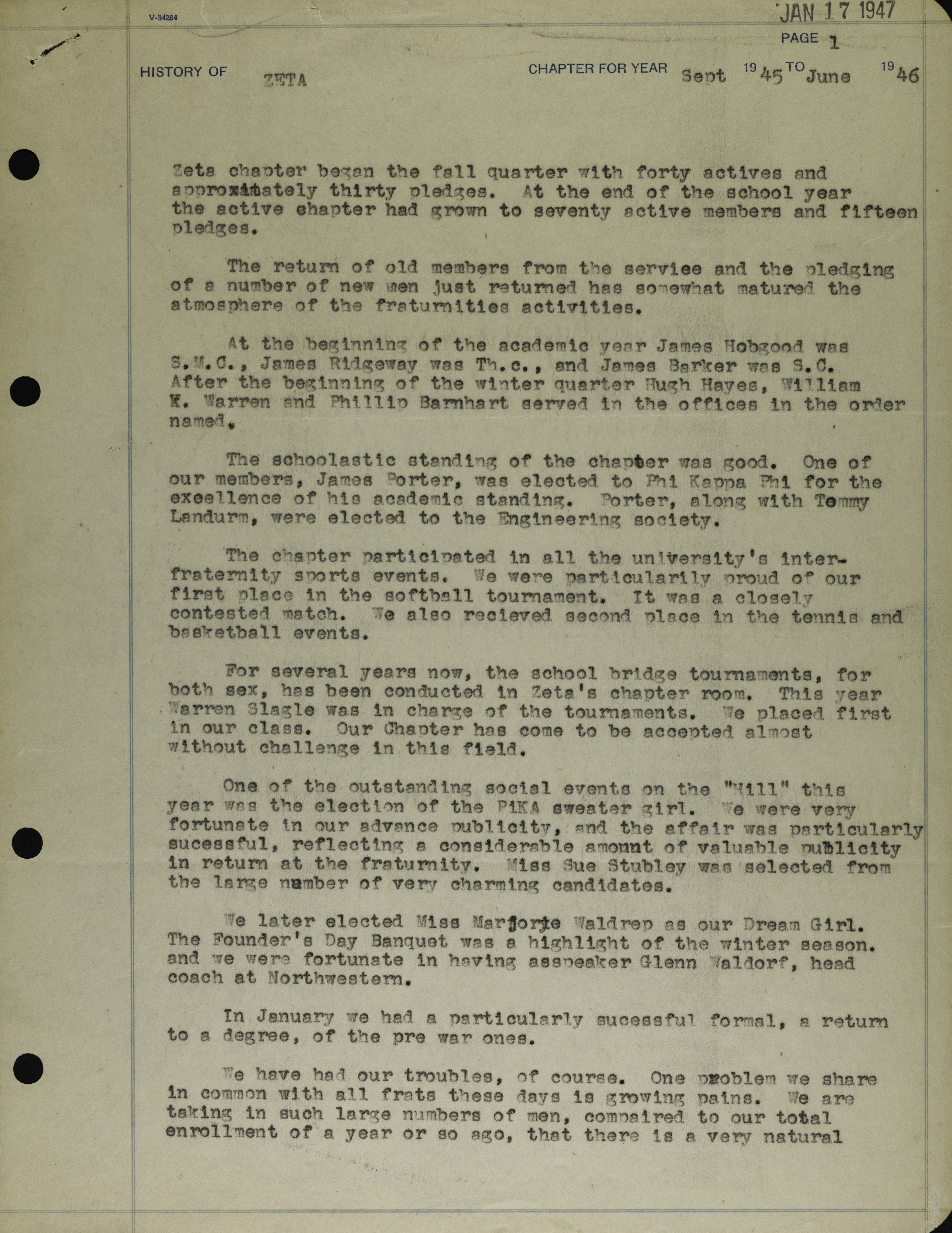 History of Zeta Chapter 1, September 1945- June 1946