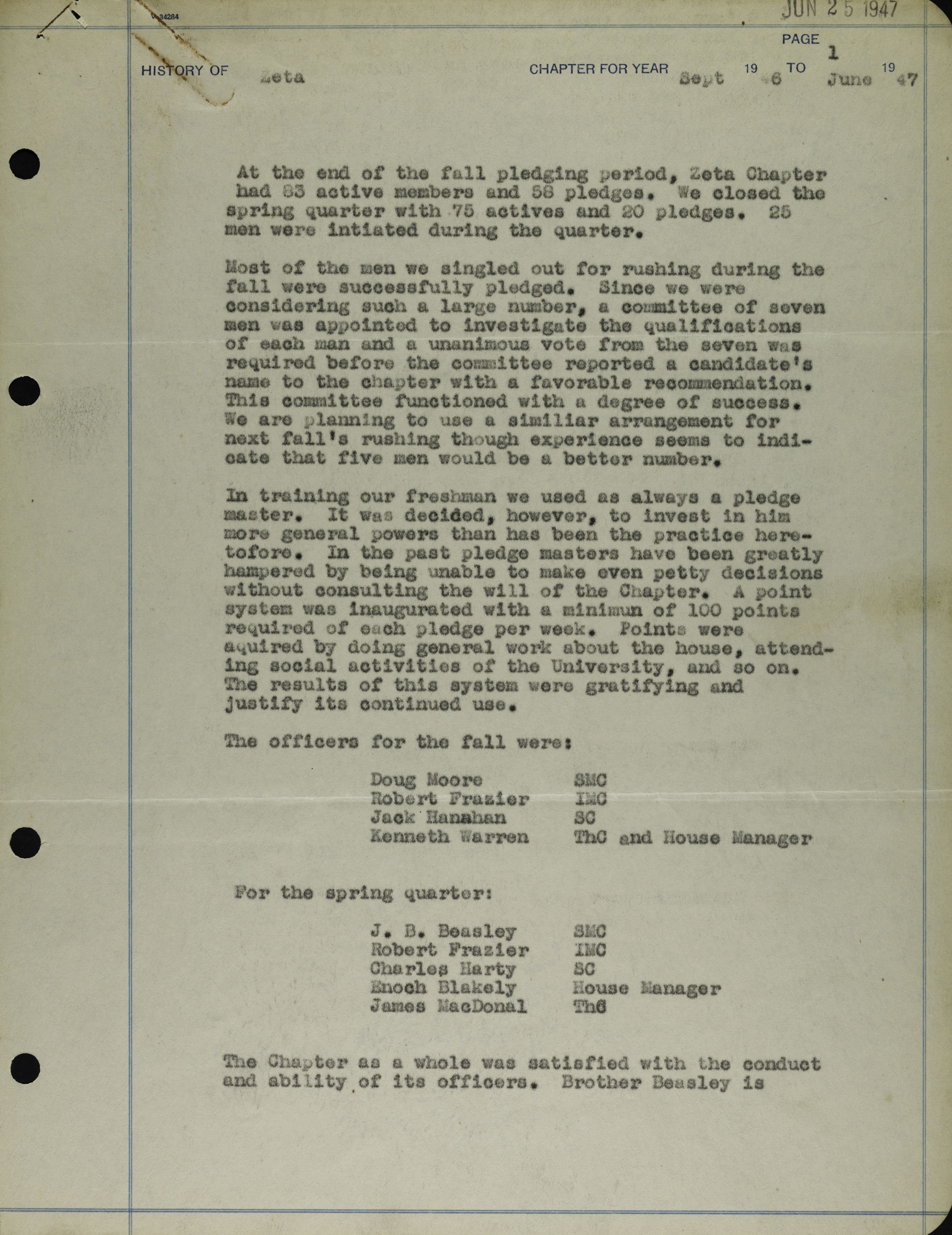 History of Zeta Chapter 2, September 1946- June 1947