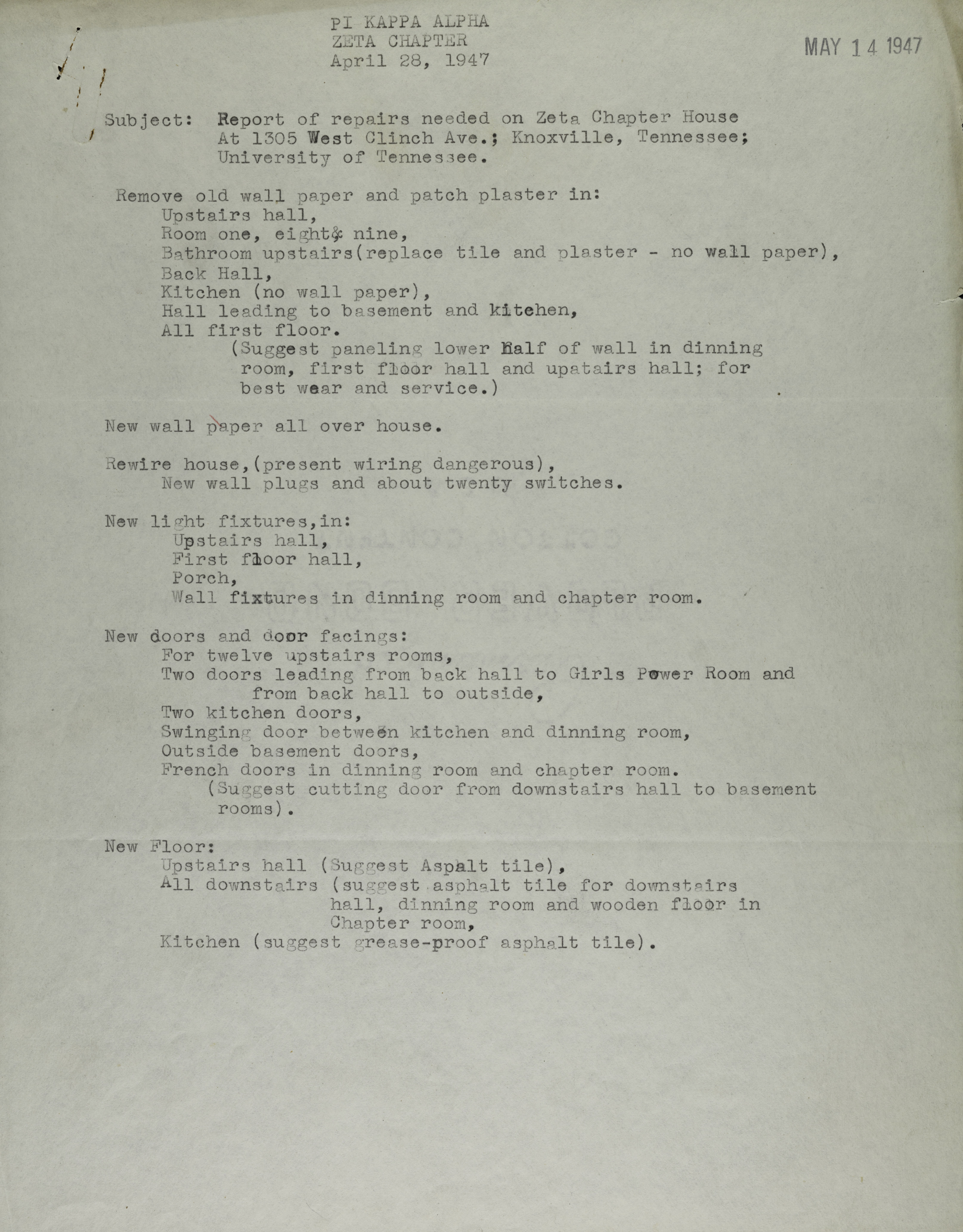 Pi Kappa Alpha Zeta Chapter Report, April 28, 1947