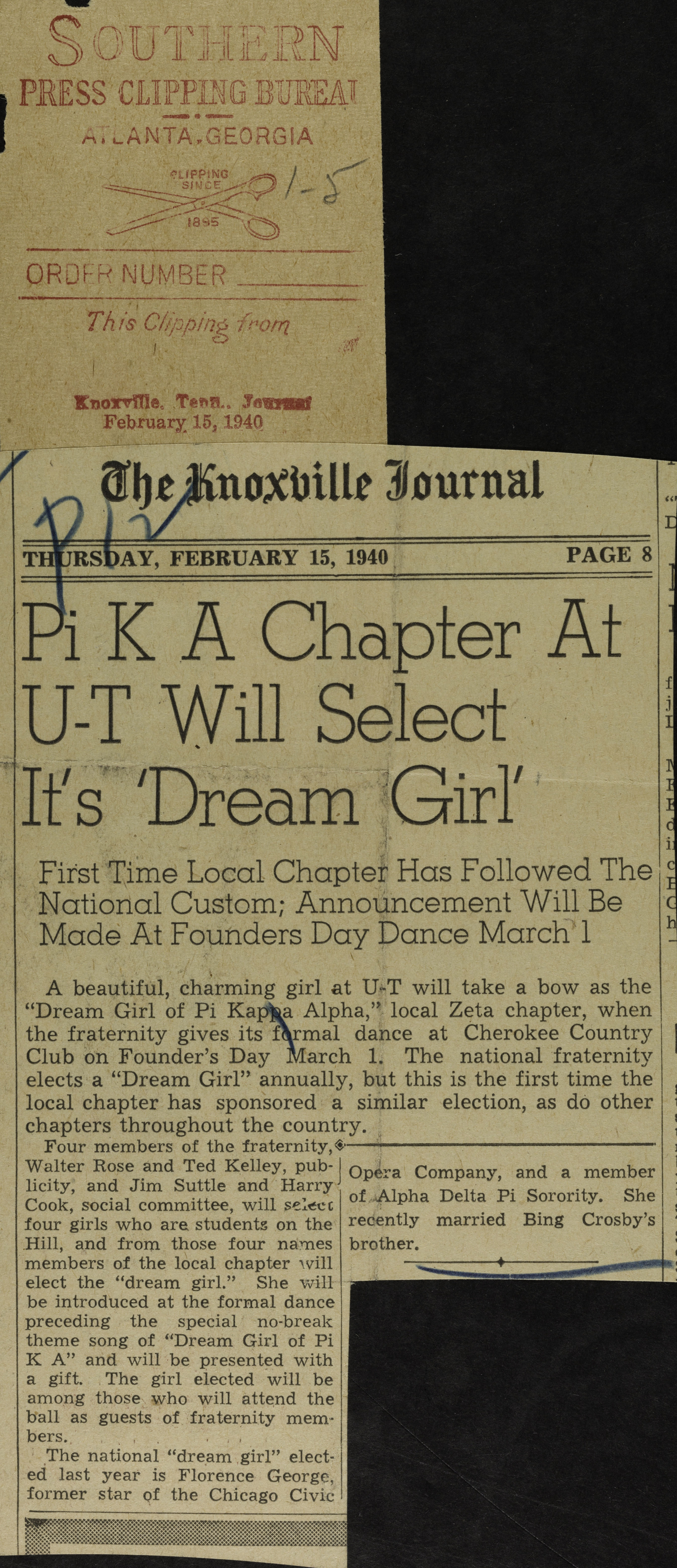 Pi K A Chapter at U-T Will Select Its 'Dream Girl' Newspaper Clipping, February 15, 1940