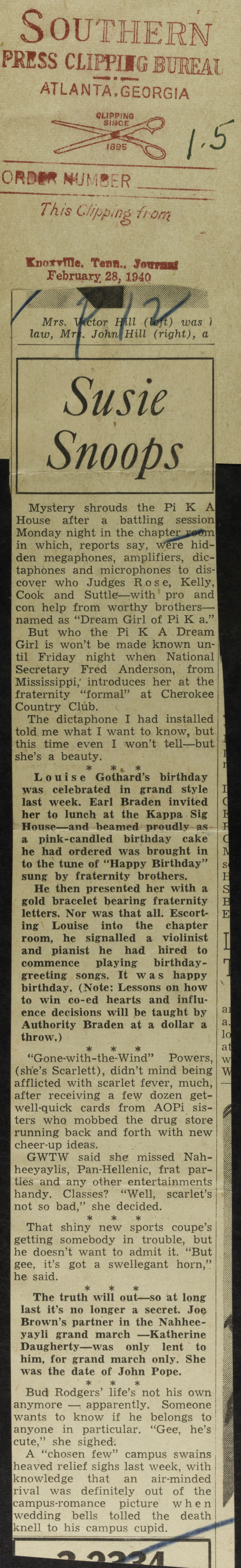 Susie Snoops Newspaper Clipping, February 28, 1940