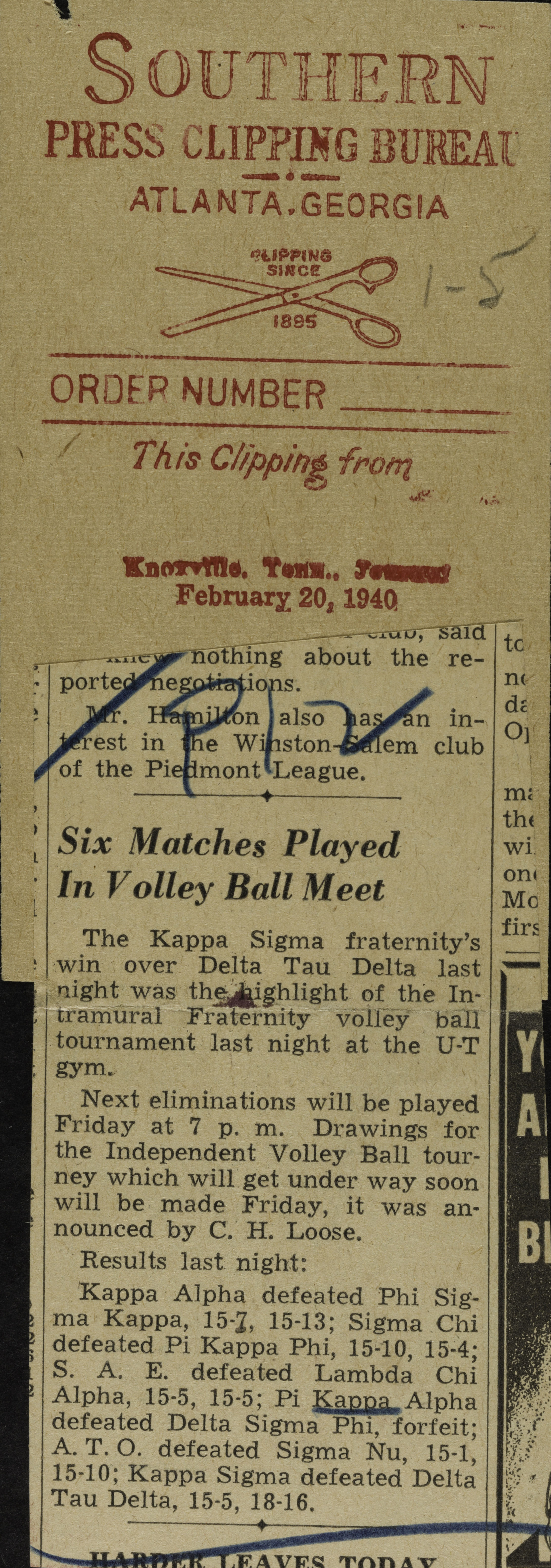 Six Matches Played in Volleyball Meet Newspaper Clipping, February 20, 1940