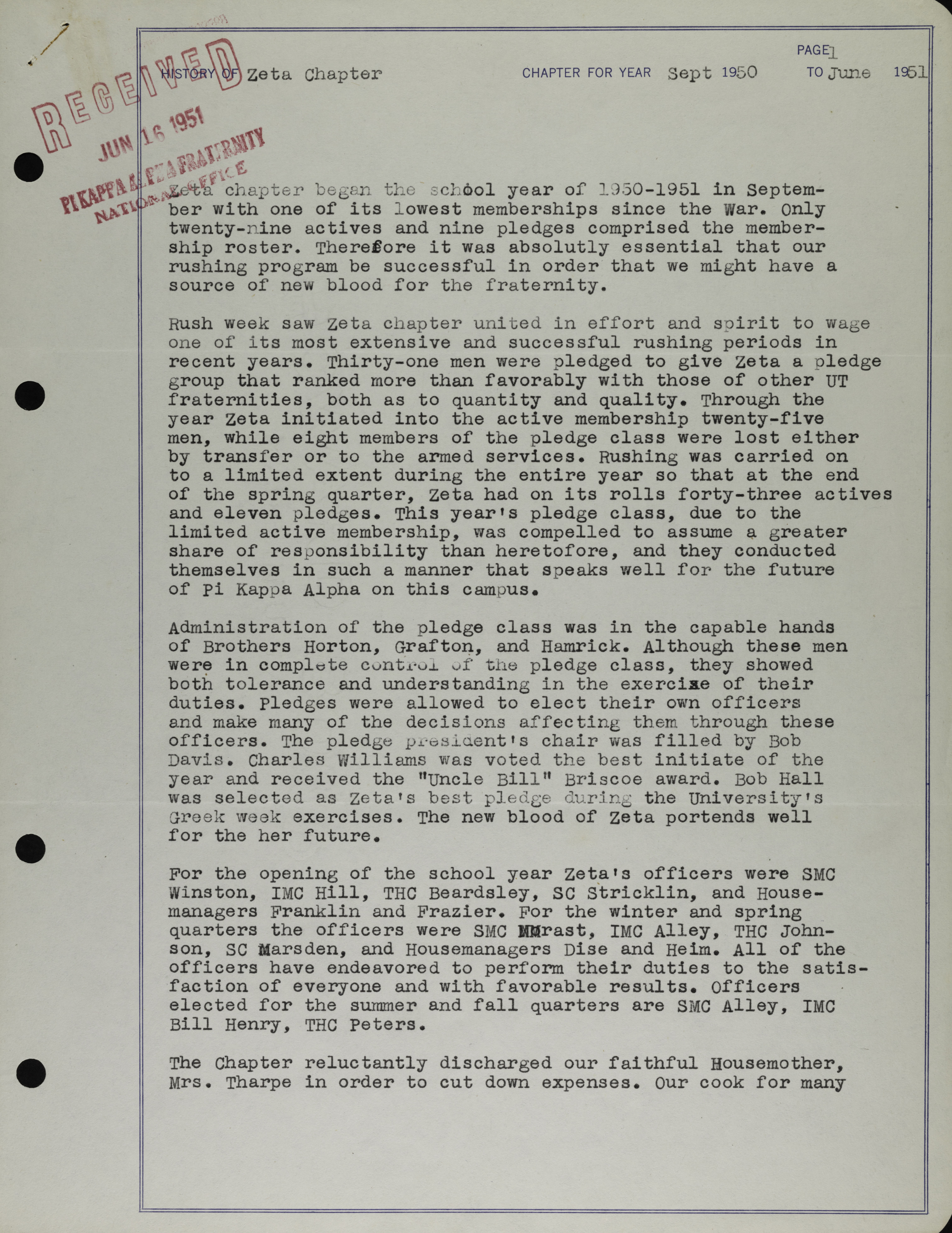 History of Zeta Chapter 1, September 1950- June 1951