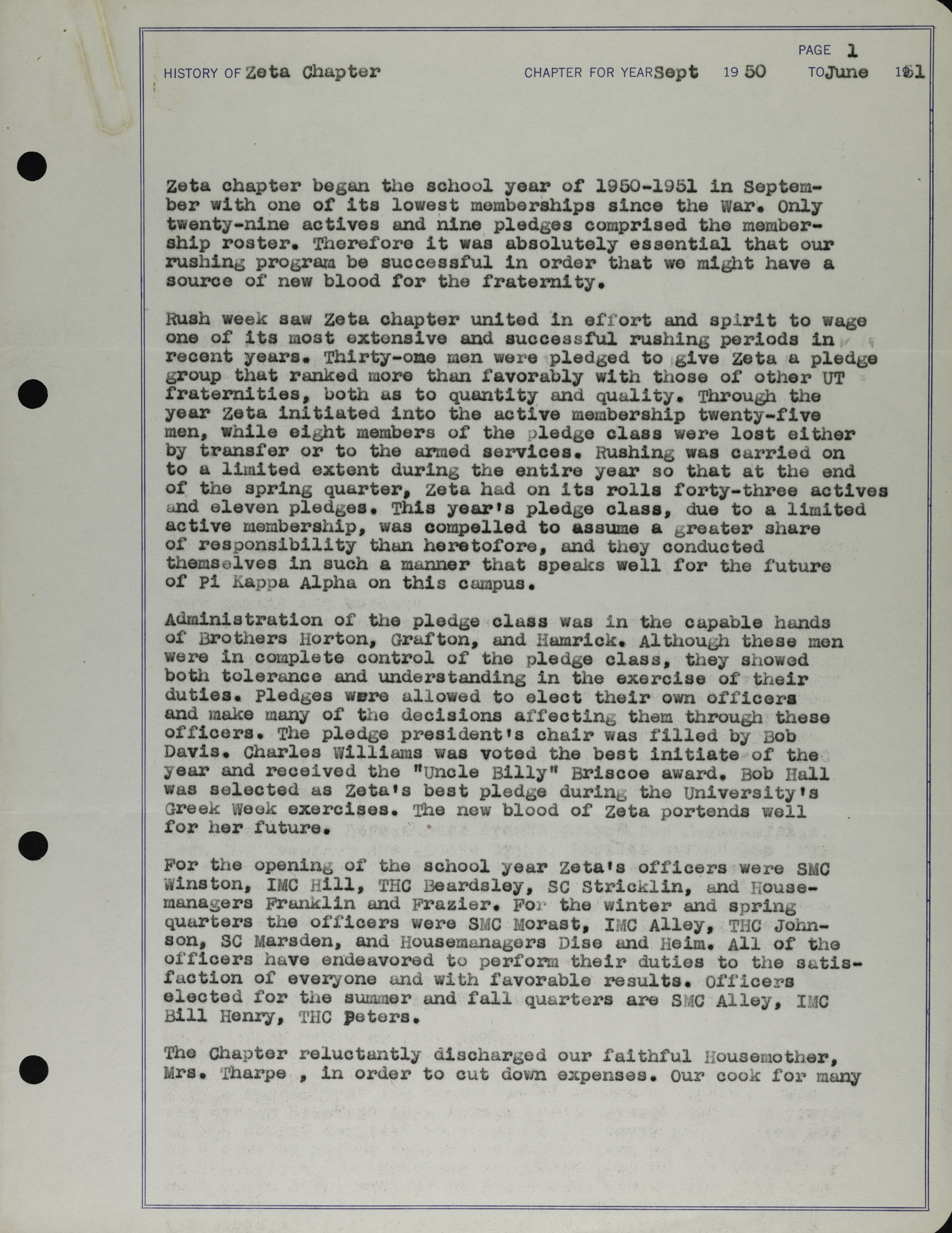 History of Zeta Chapter 2, September 1950- June 1951