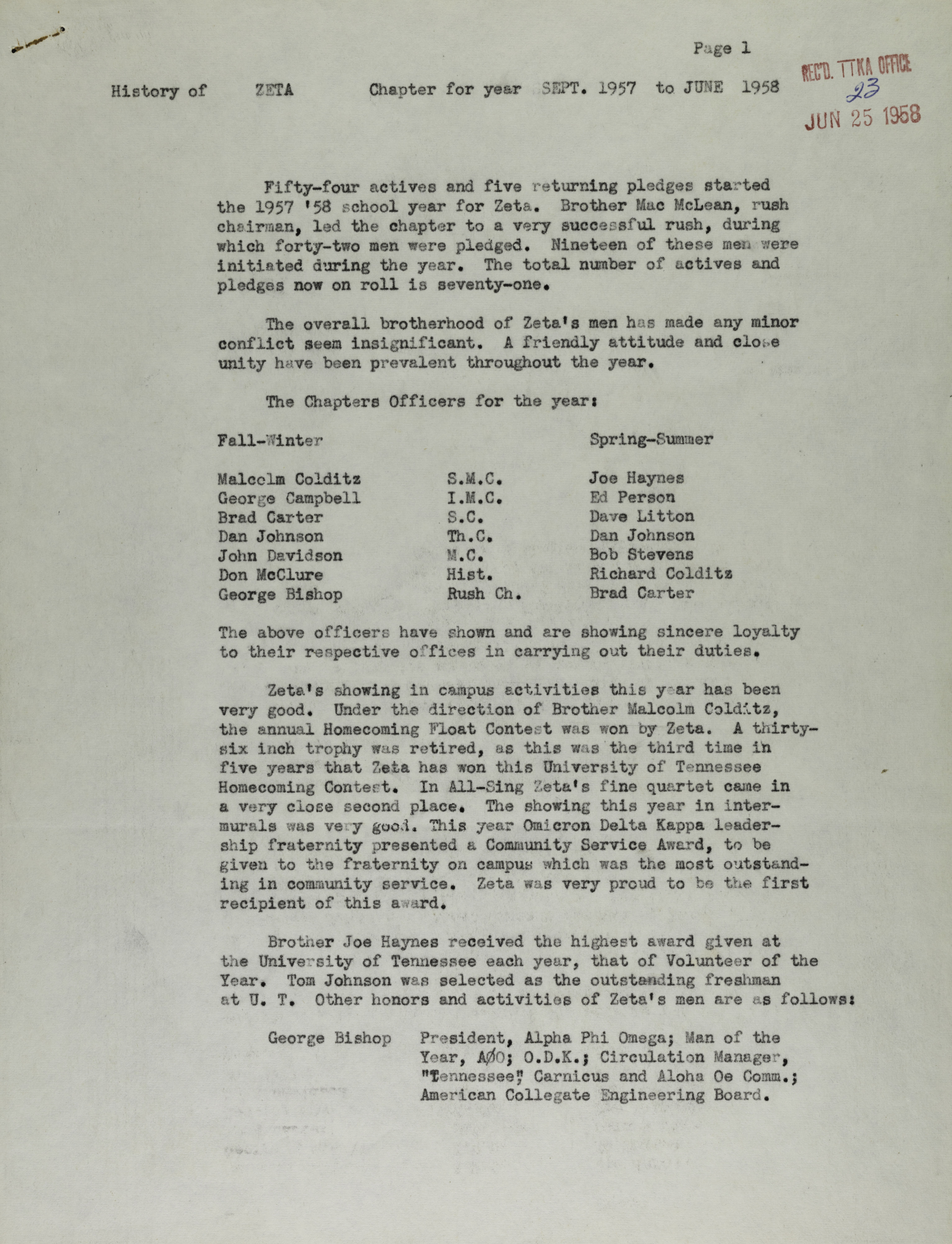 History of Zeta Chapter, September 1957- June 1958