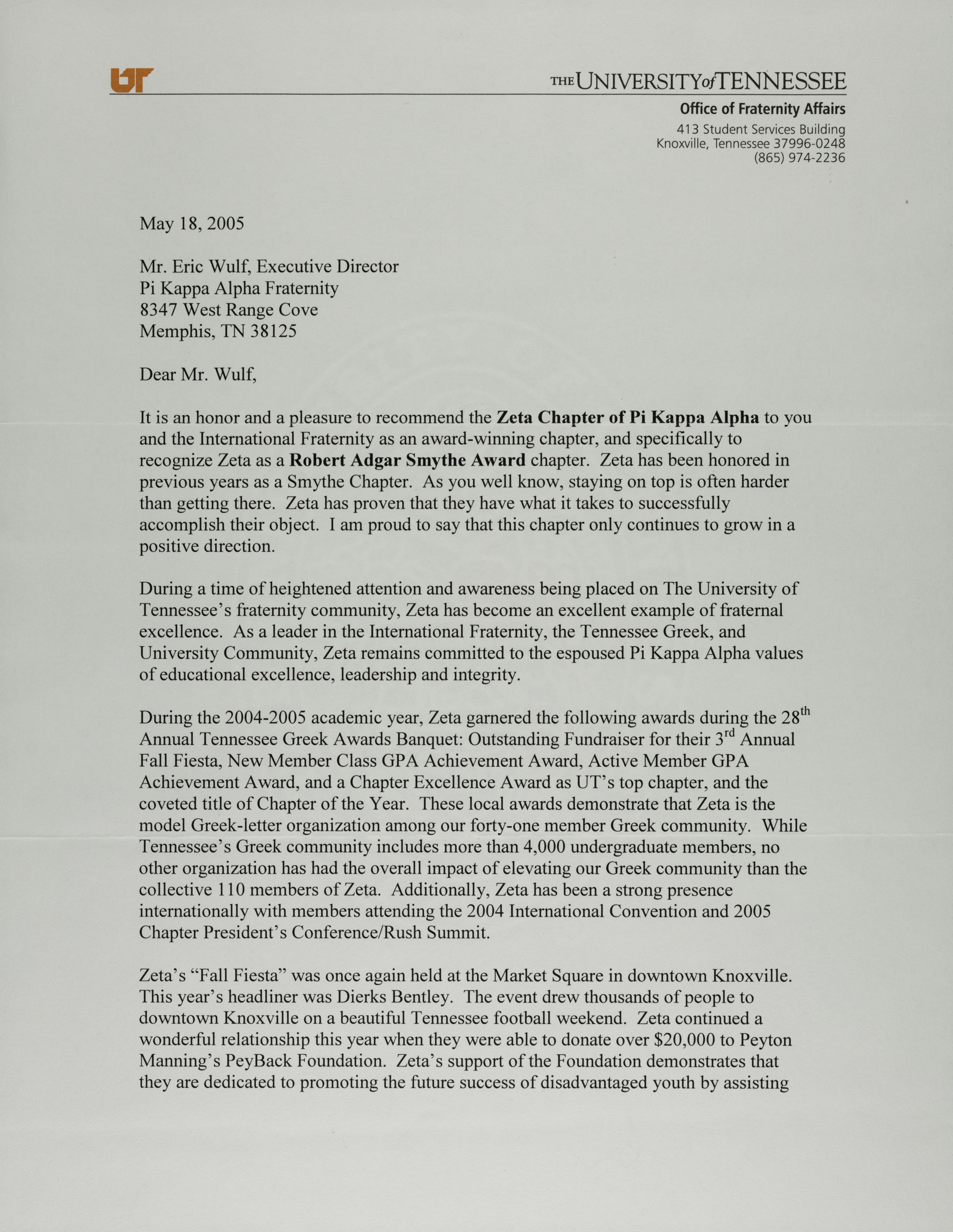 Jim Harrison to Eric Wulf Letter, May 18, 2005