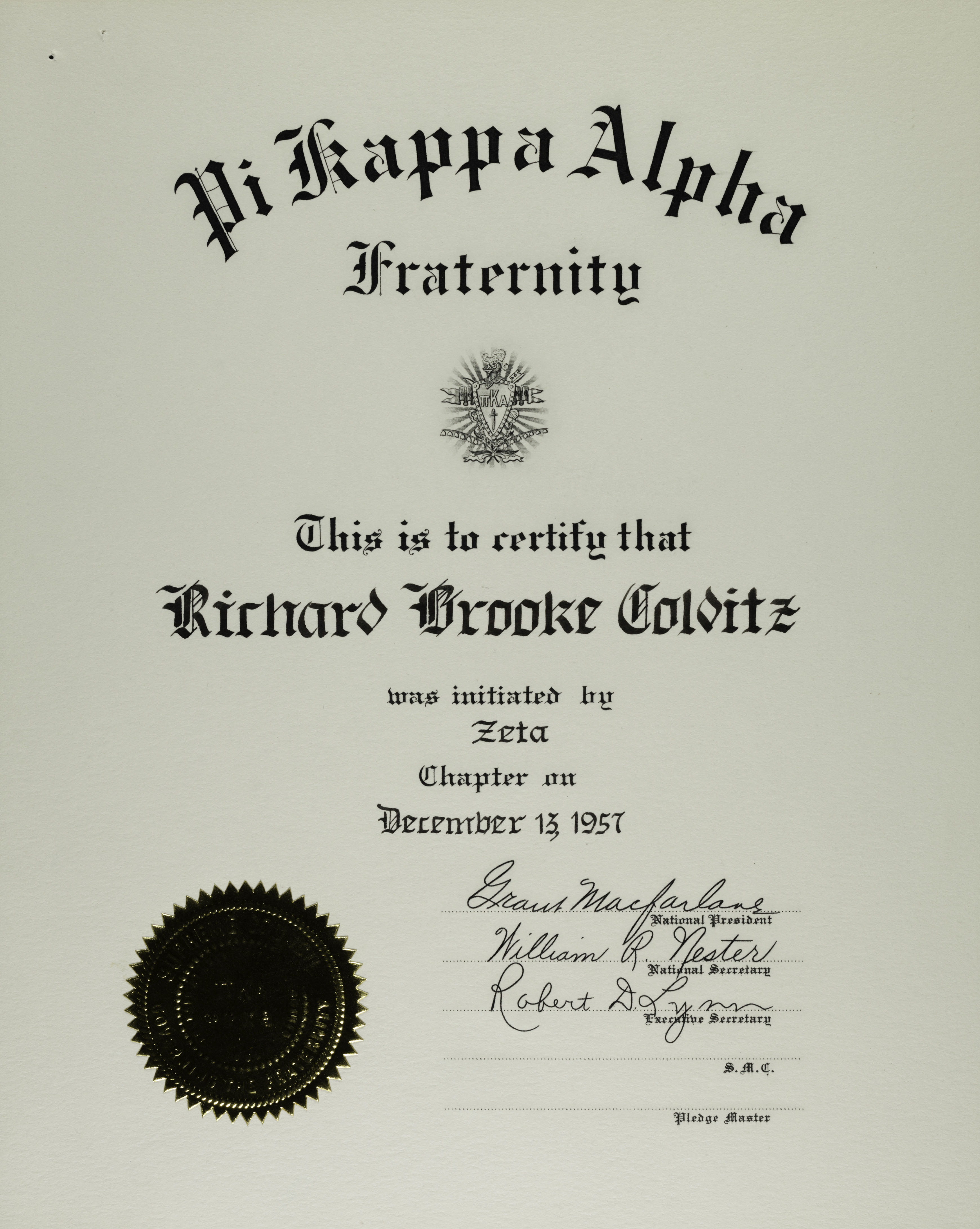 Richard Colditz Zeta Chapter Initiation Certificate, December 13, 1957