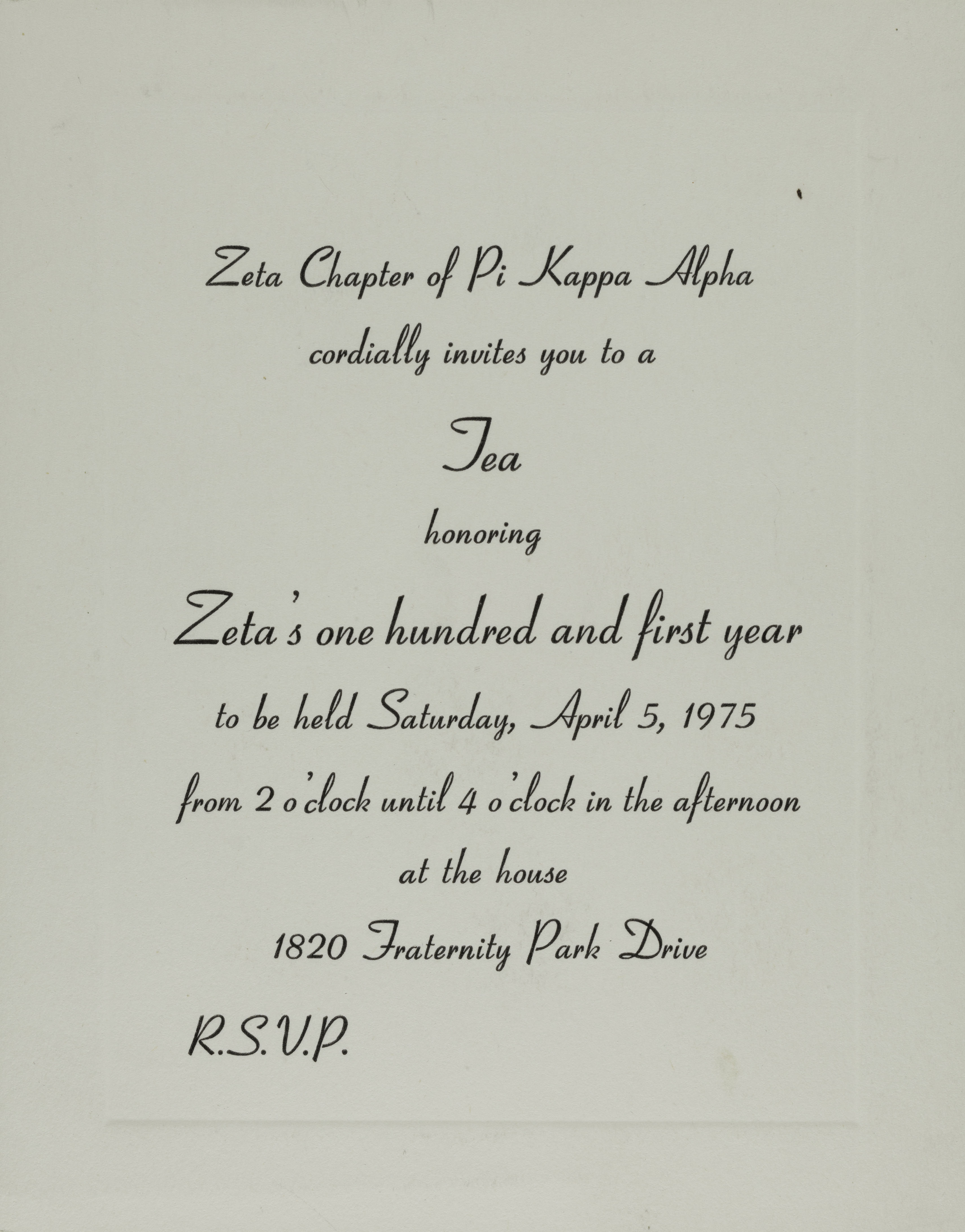 Zeta Chapter 101 Year Anniversary Tea Invitation, April 5, 1975