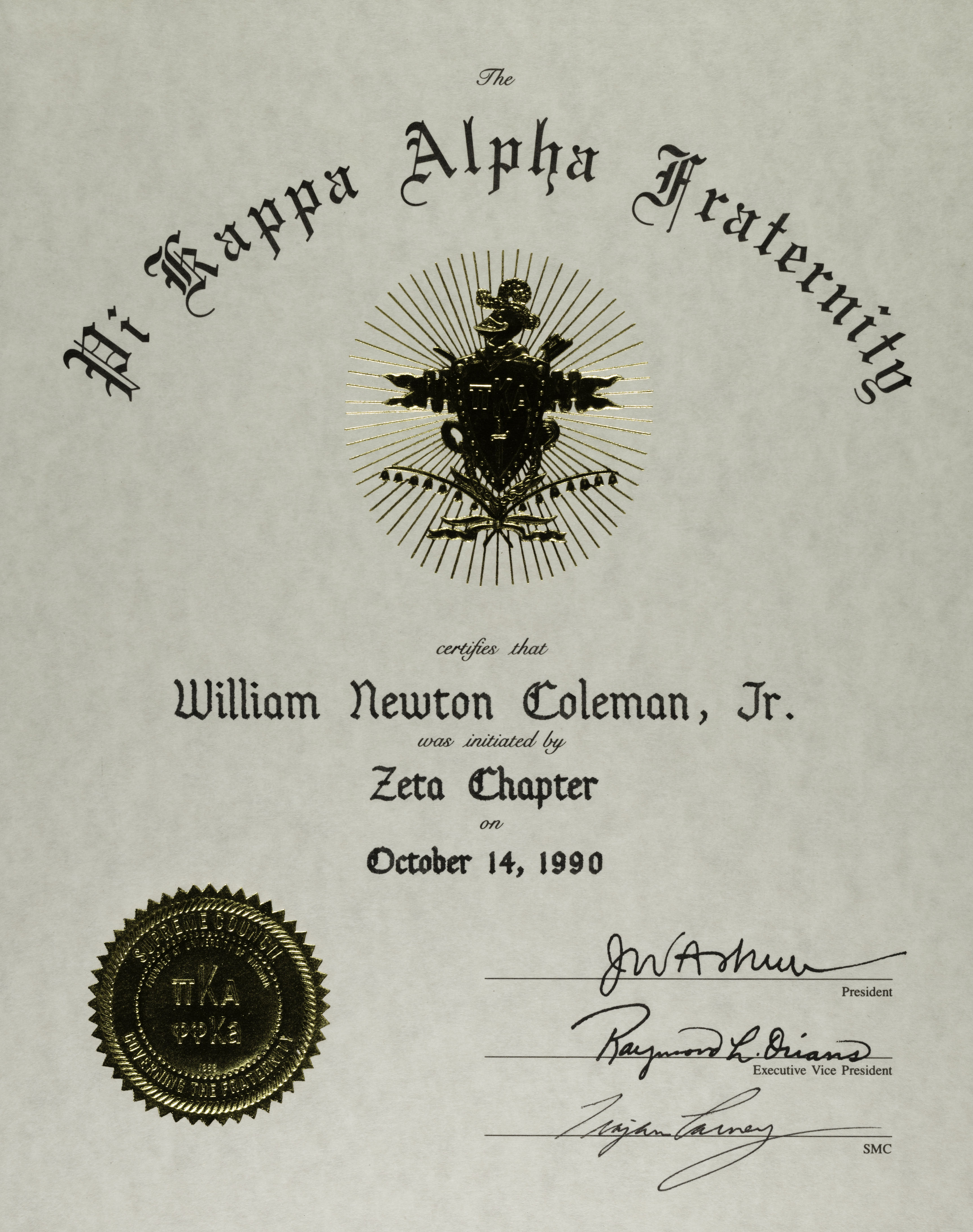 William Coleman Zeta Chapter Initiation Certificate, October 14, 1990