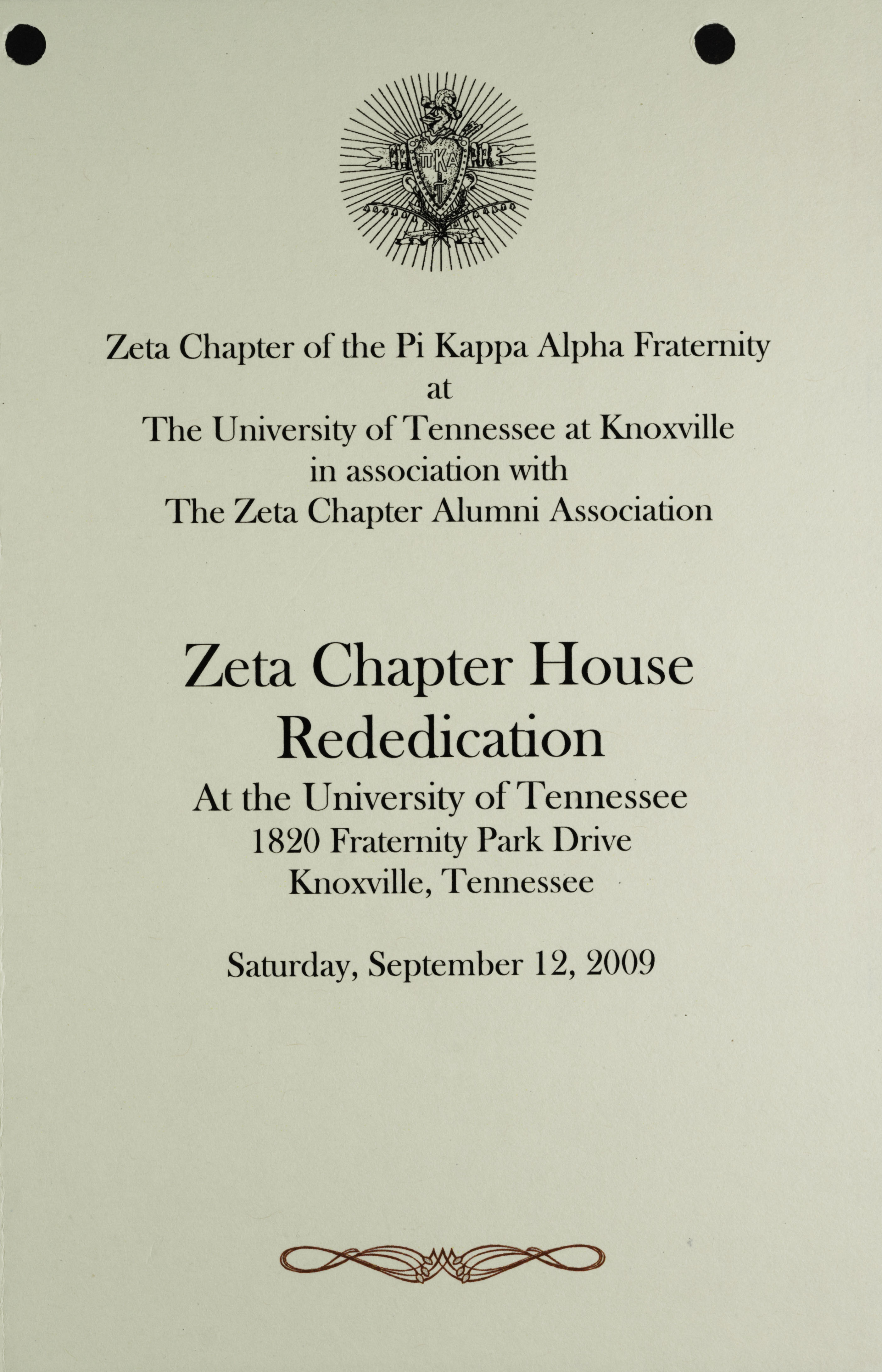 Zeta Chapter House Rededication Program, September 12, 2009