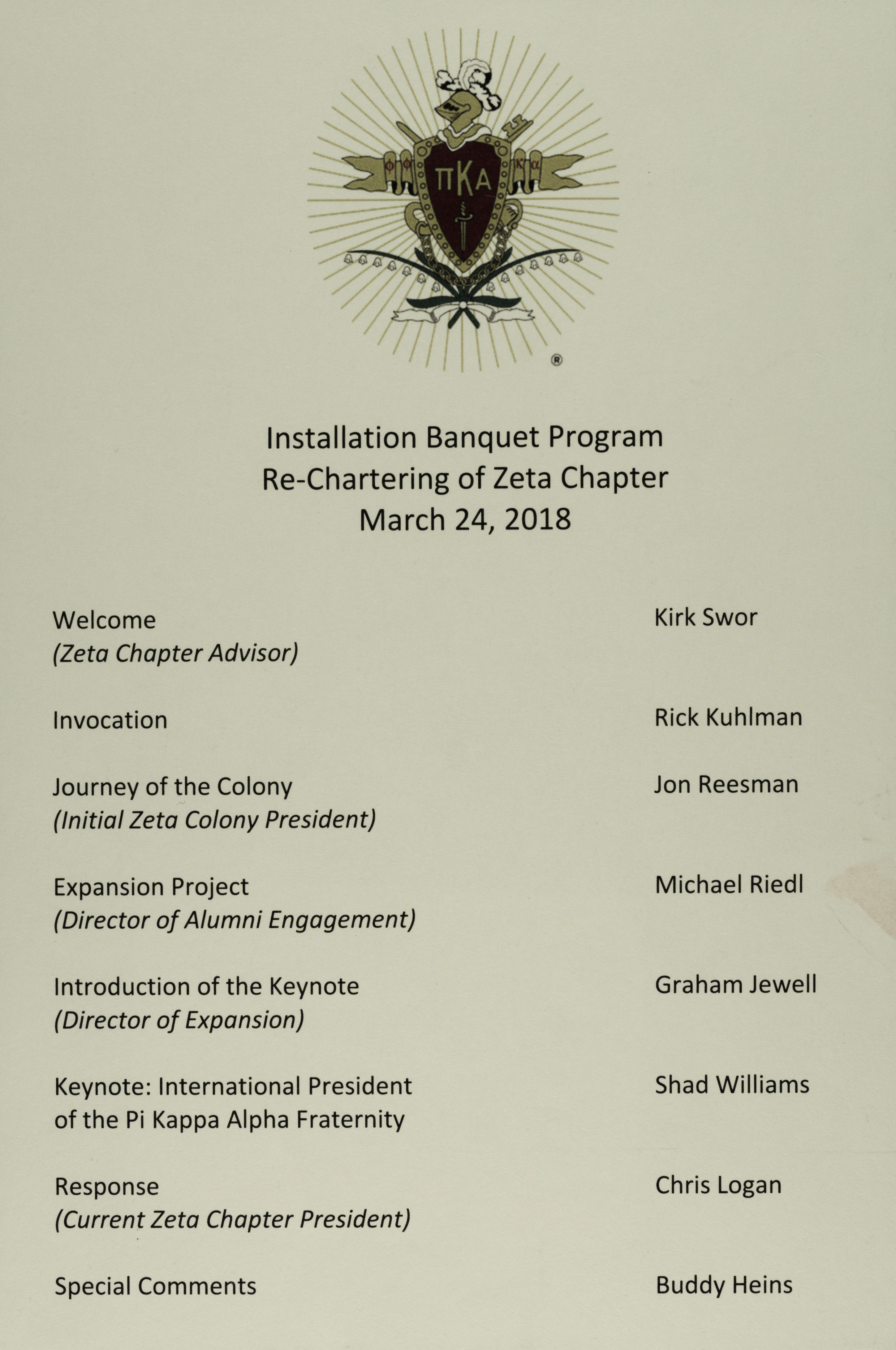 Installation Banquet Program Re-Chartering of Zeta Chapter, March 24, 2018