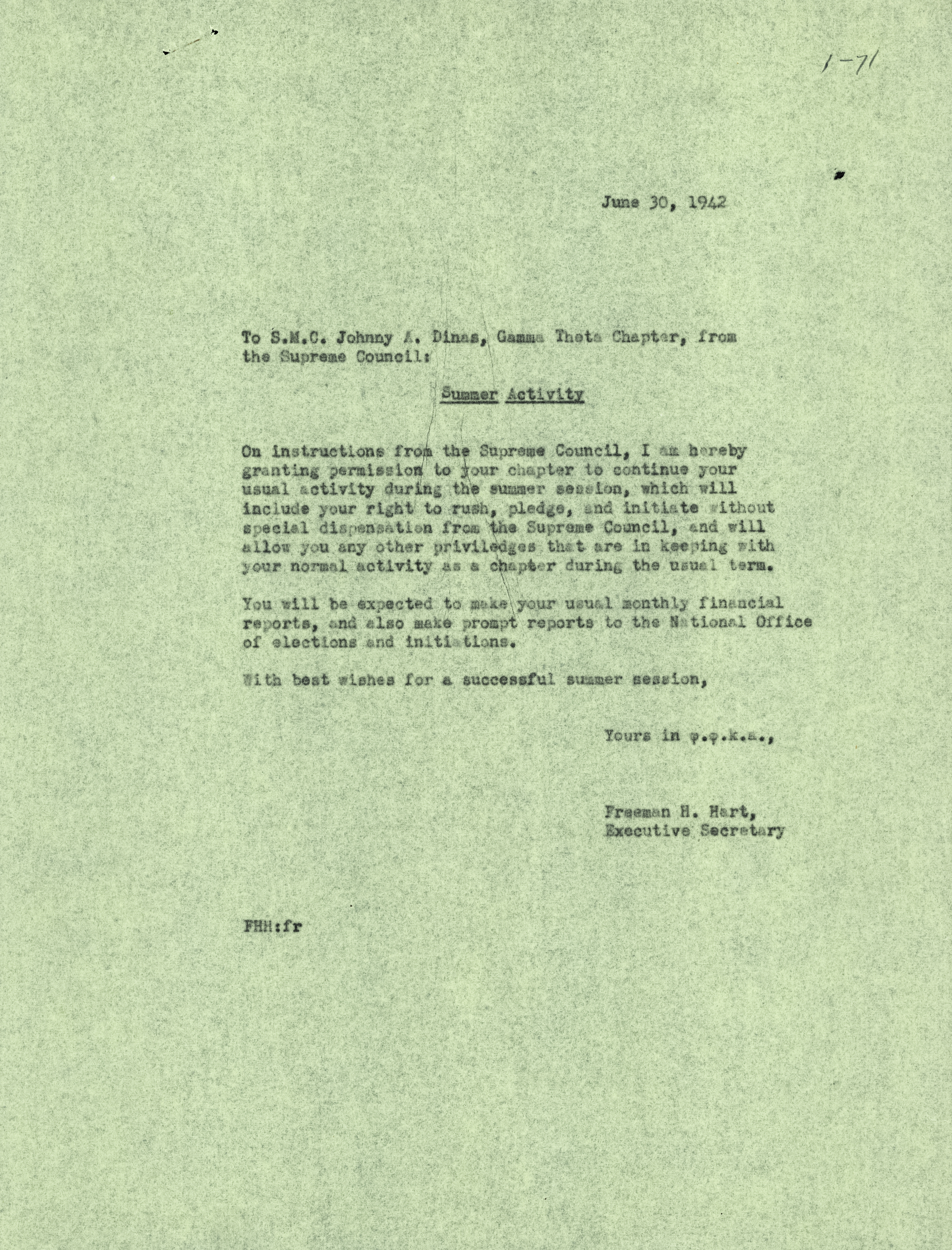 Freeman Hart to Johnny Dinas Letter, June 30, 1942