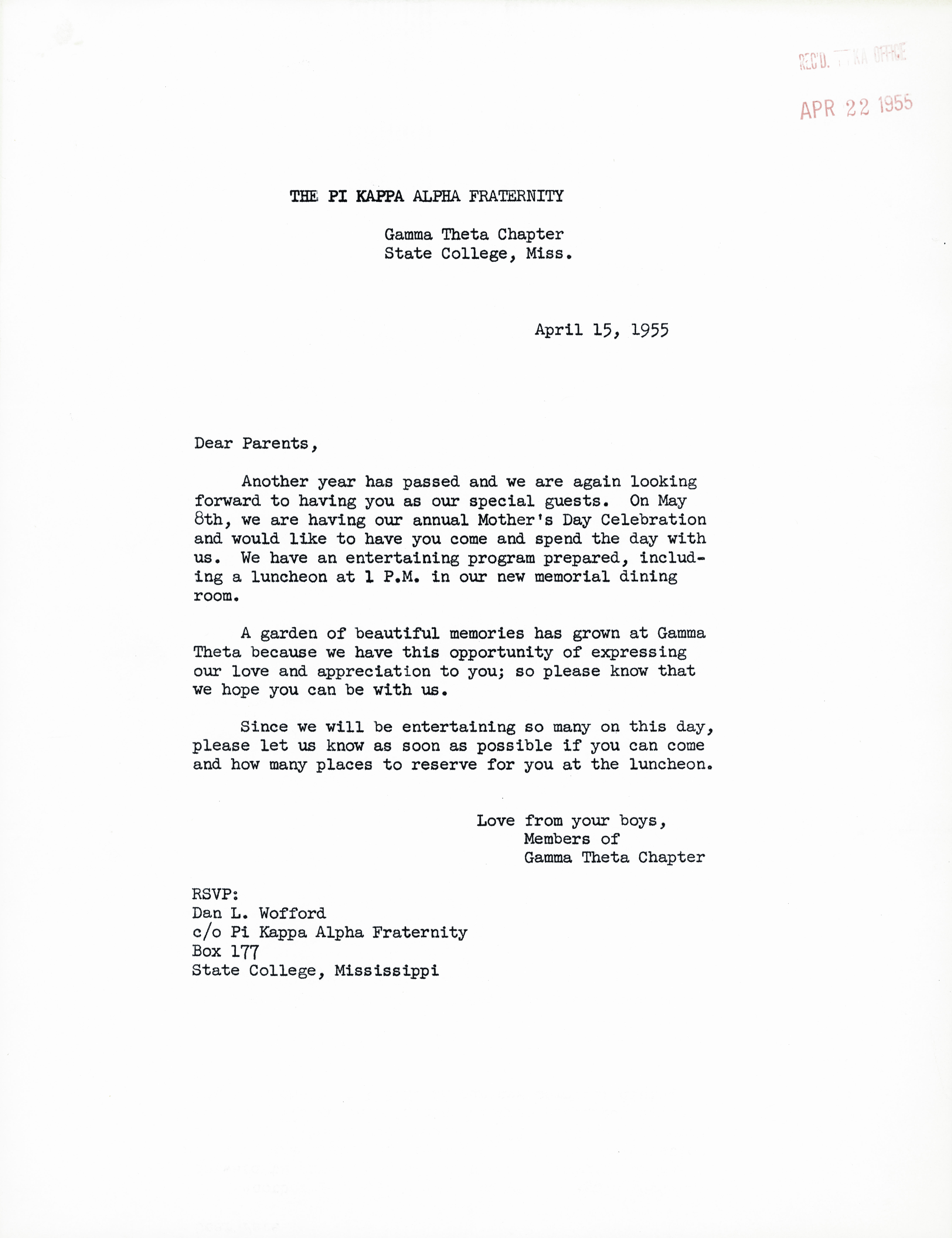 Gamma Theta Chapter to Parents Letter, April 15, 1955