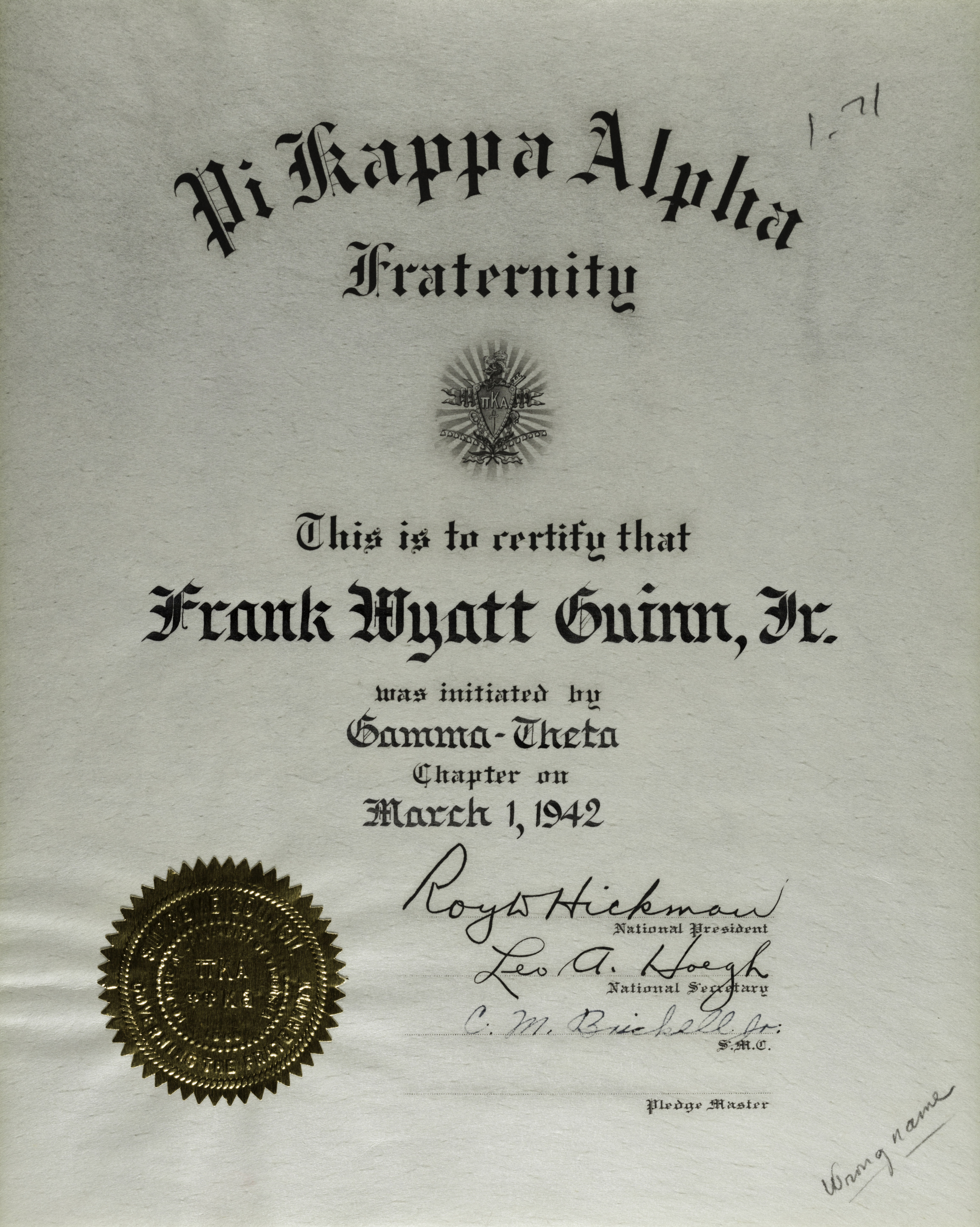 Frank Gwinn Gamma Theta Chapter Initiation Certificate, March 1, 1942