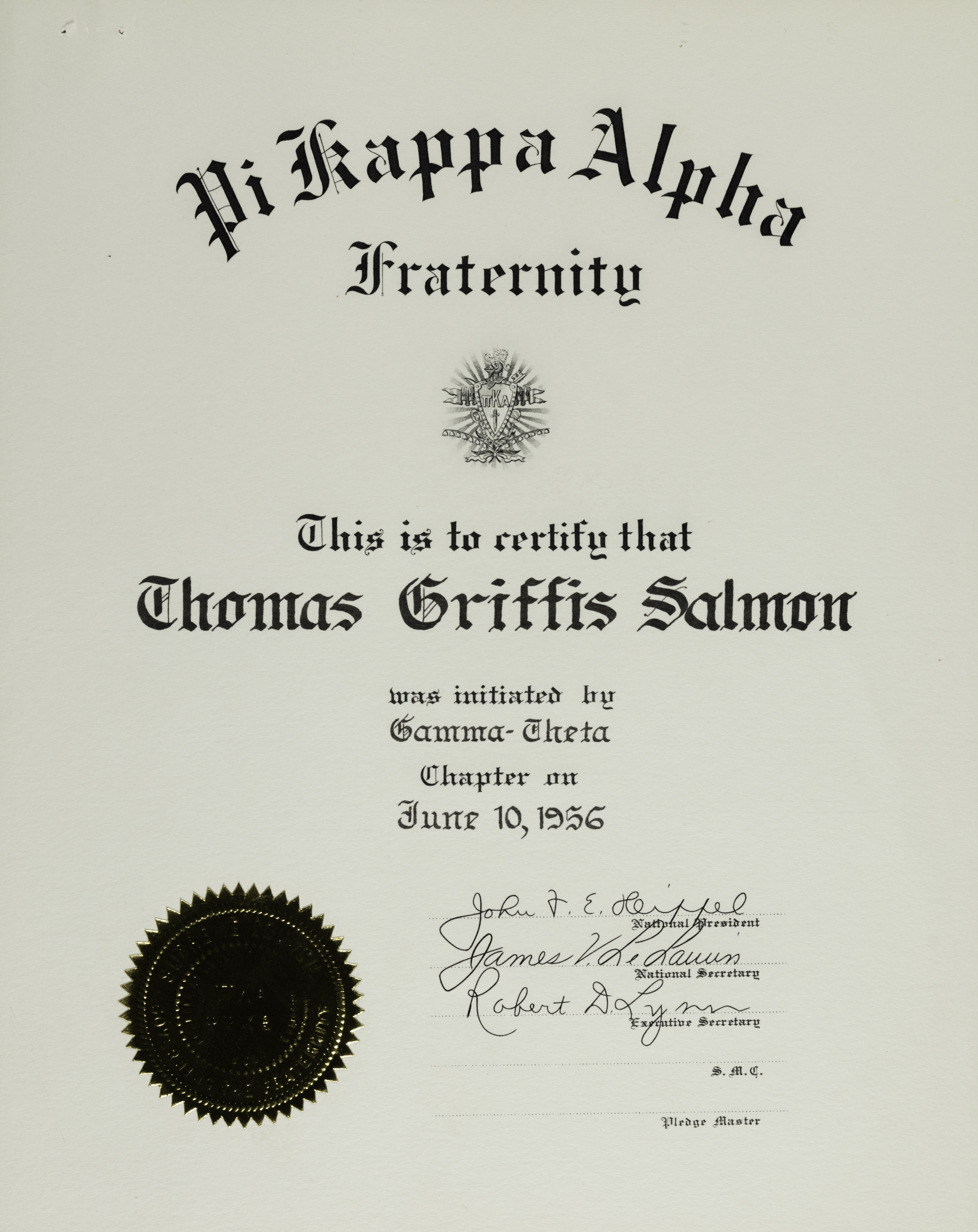 Thomas Griffis Salmon Gamma Theta Chapter Initiation Certificate, June 10, 1956