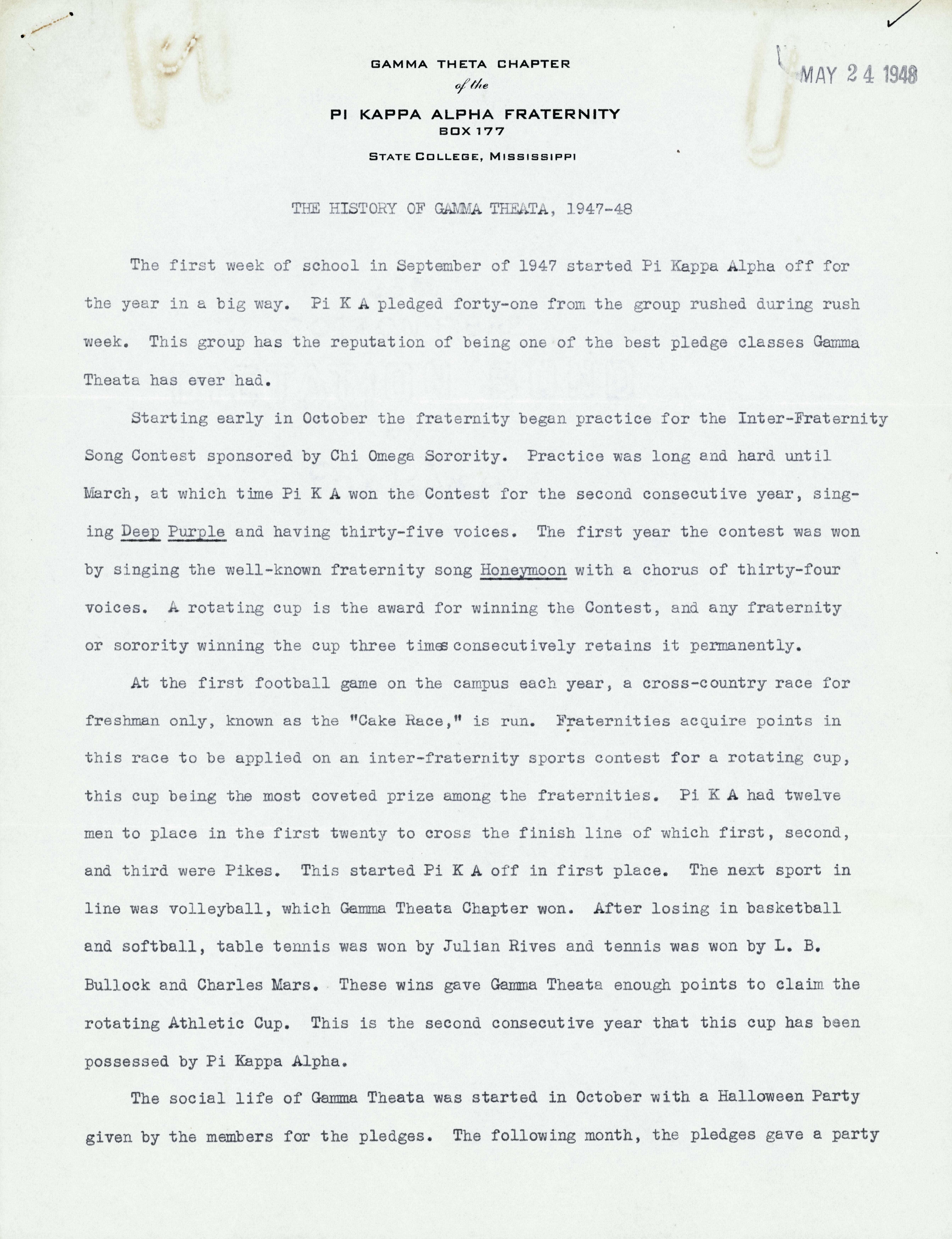 History of Gamma Theta, 1947-1948