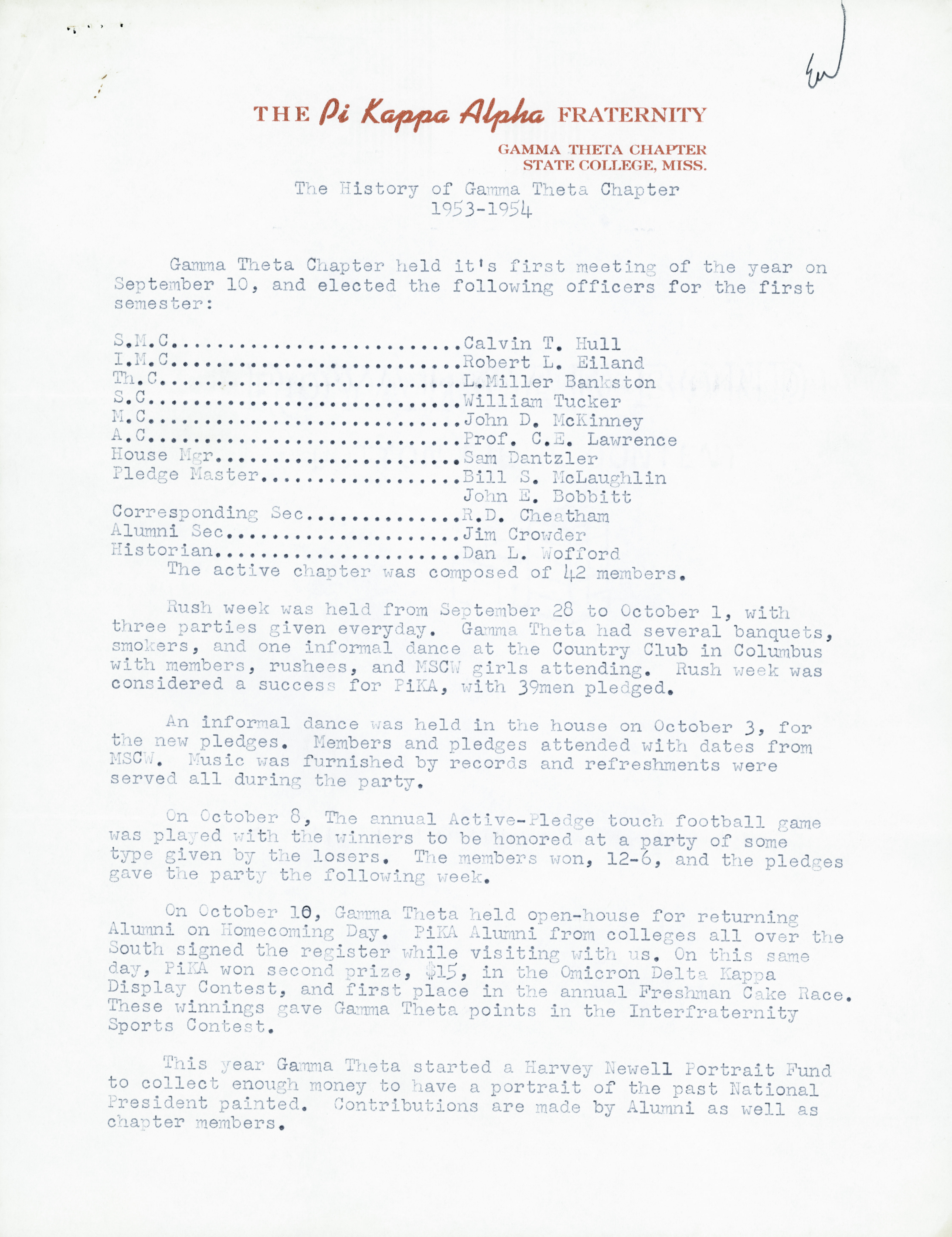 The History of Gamma Theta Chapter, 1953-1954