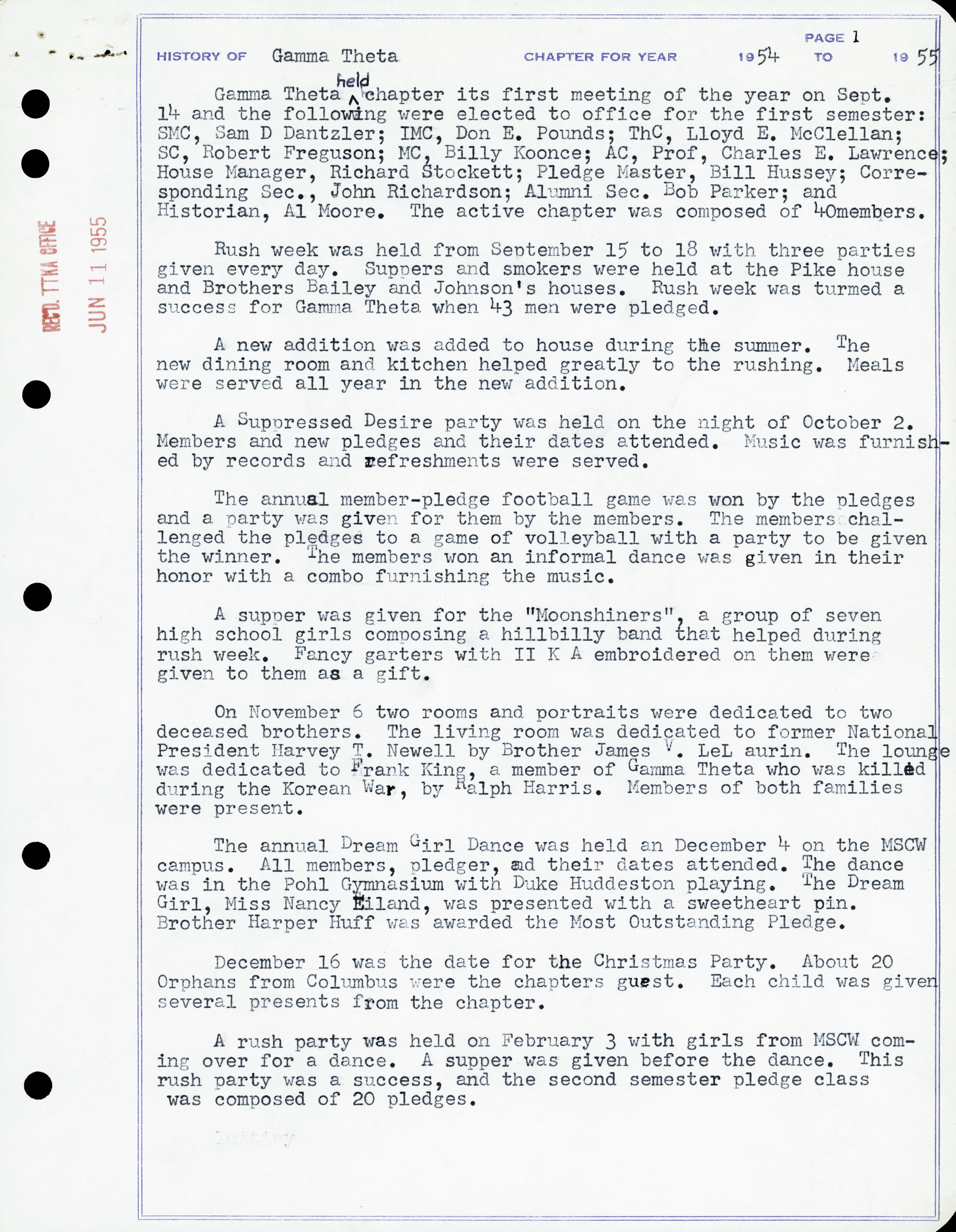 History of Gamma Theta Chapter, 1954-1955