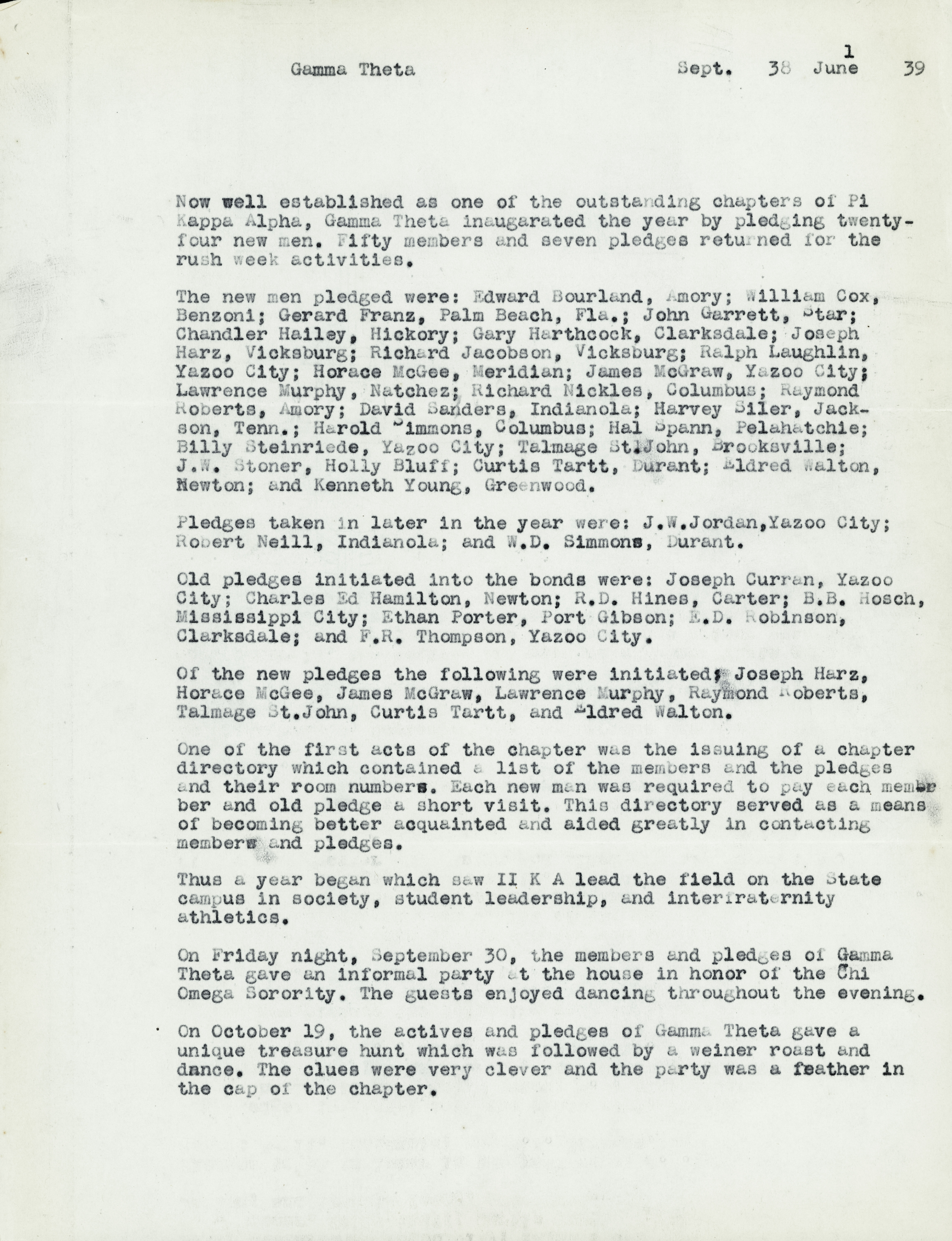 Gamma Theta Chapter History, September 1938-June 1939