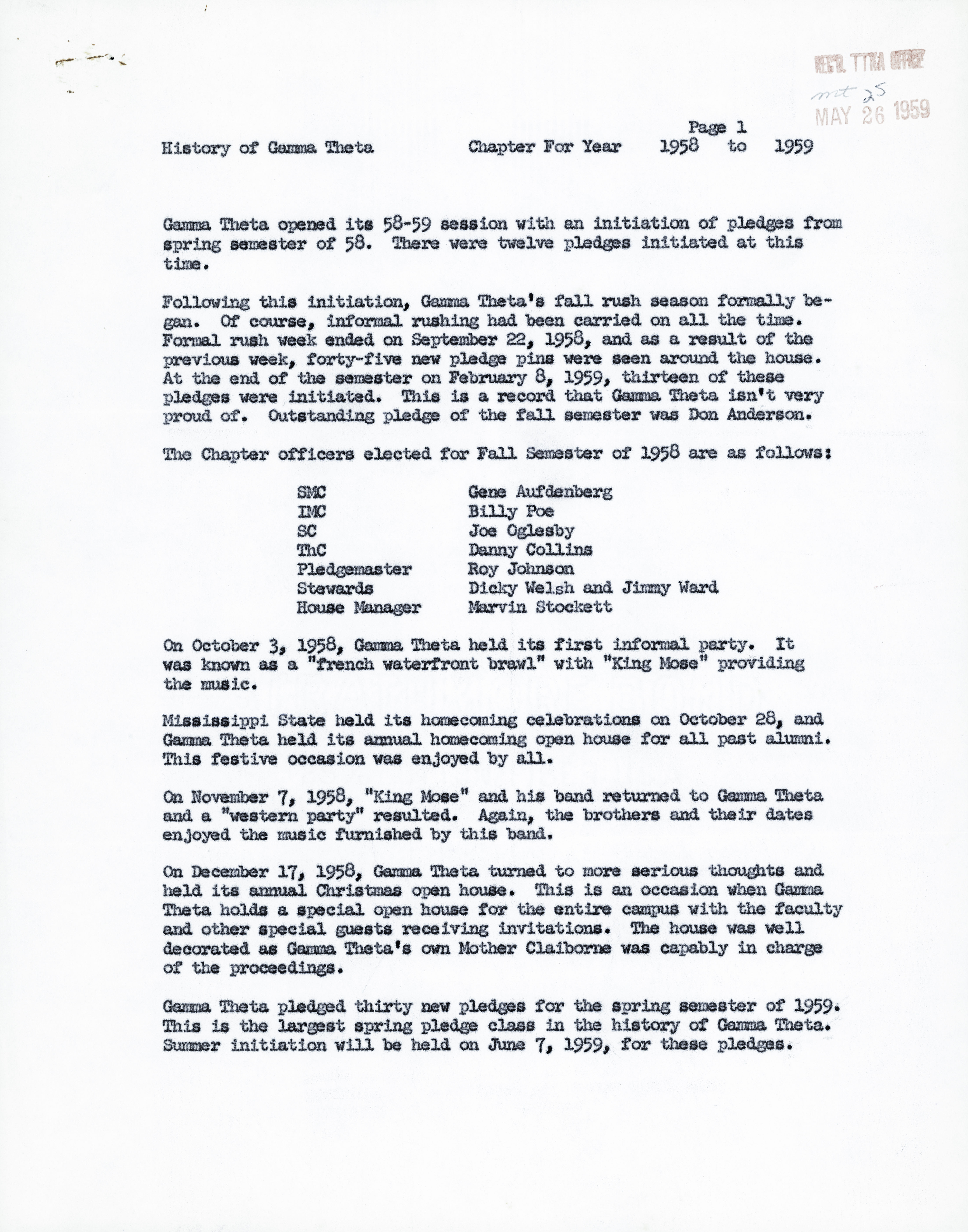 History of Gamma Theta Chapter for Year 1958 to 1959