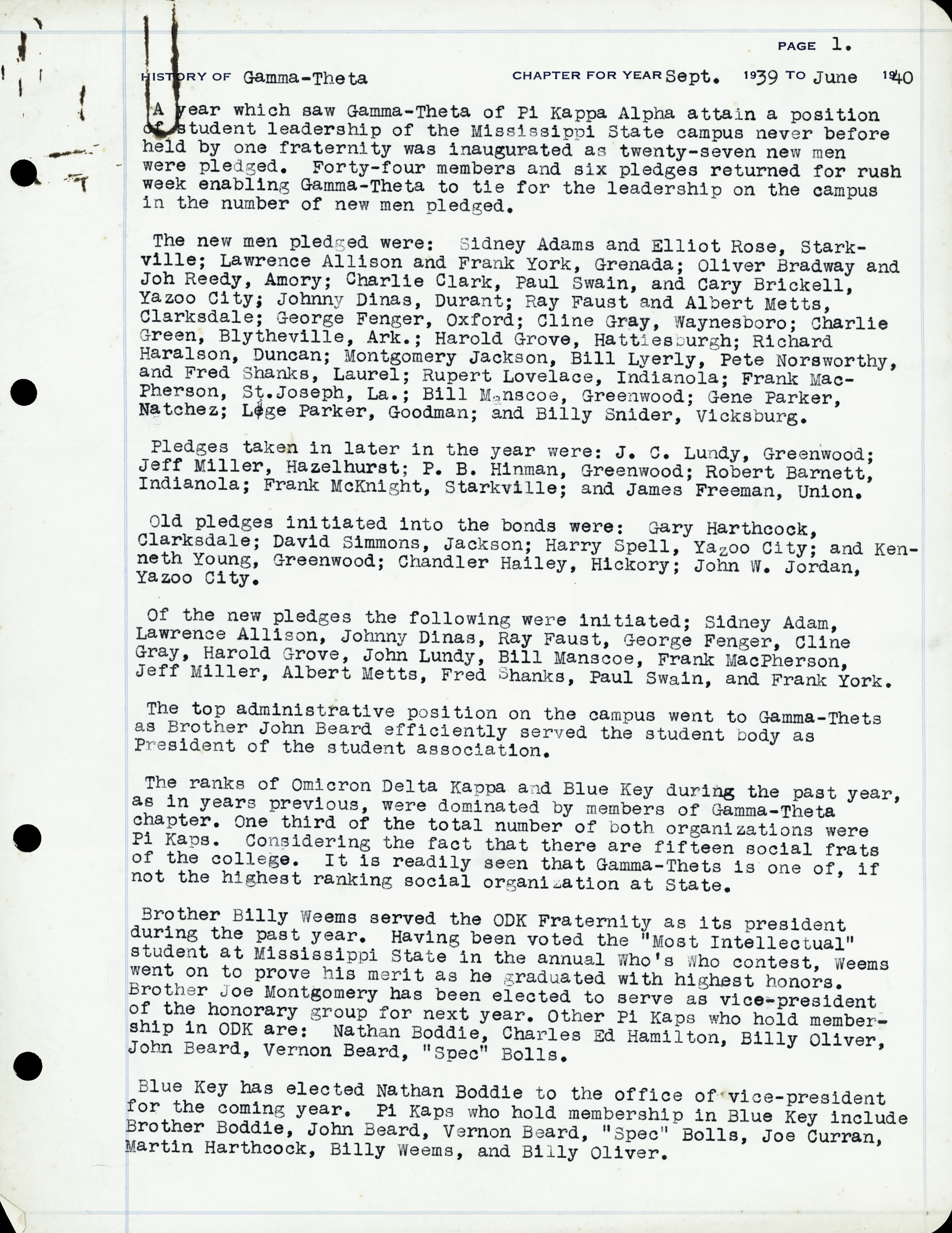 History of Gamma Theta Chapter, September 1939-June 1940