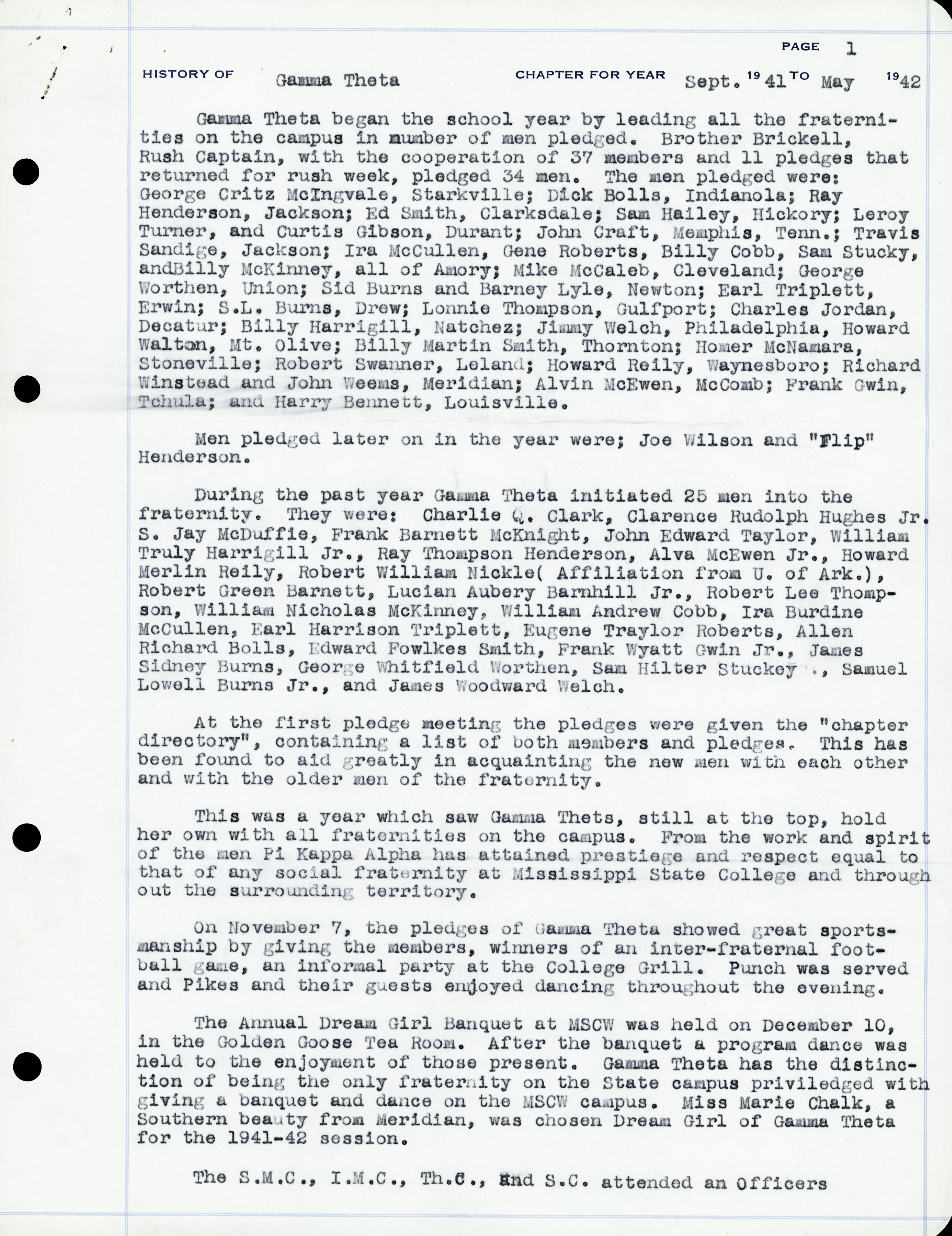 History of Gamma Theta Chapter, September 1941-May 1942