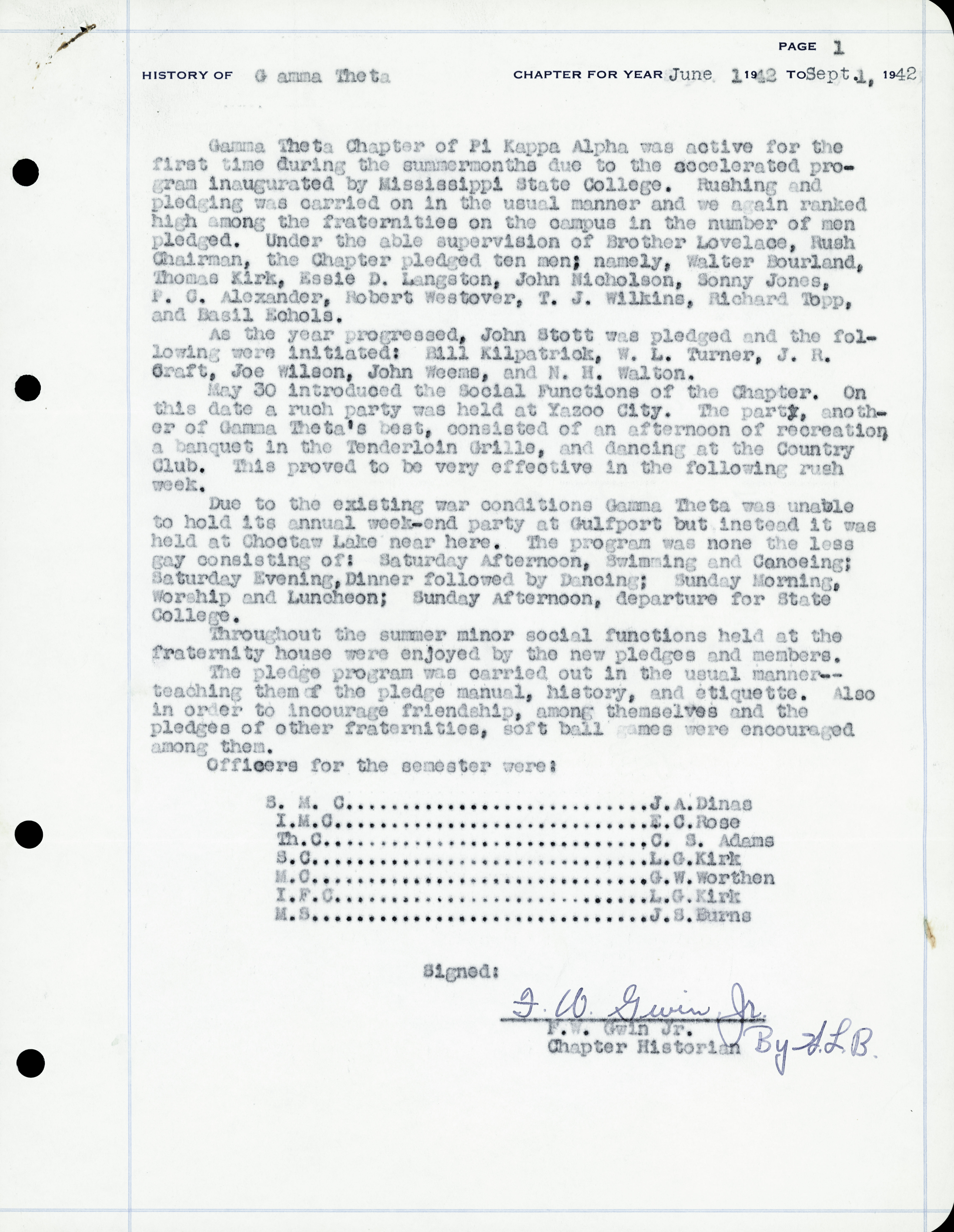 History of Gamma Theta Chapter, June 1, 1942-September 1, 1942