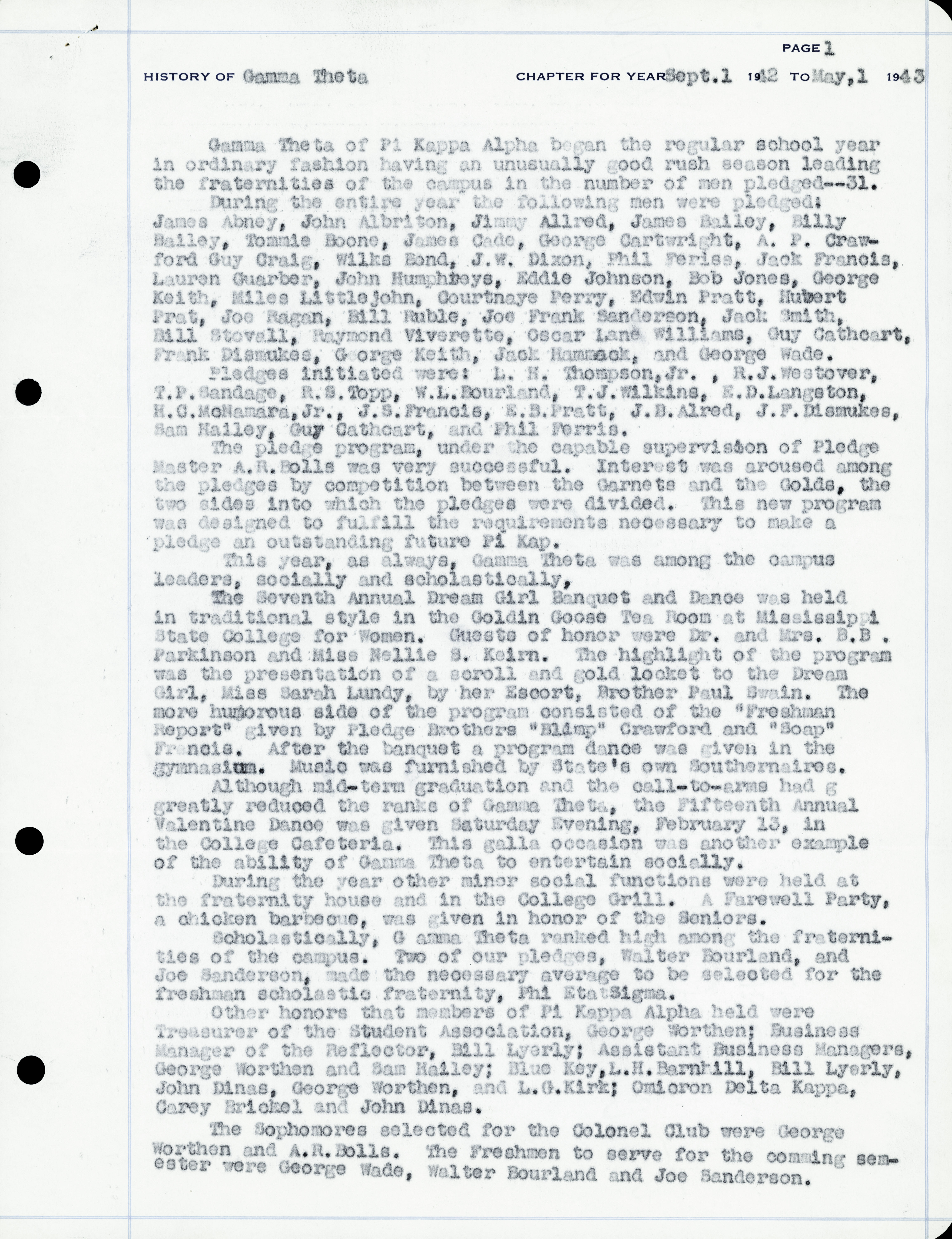 History of Gamma Theta Chapter, September 1, 1942-May 1, 1943