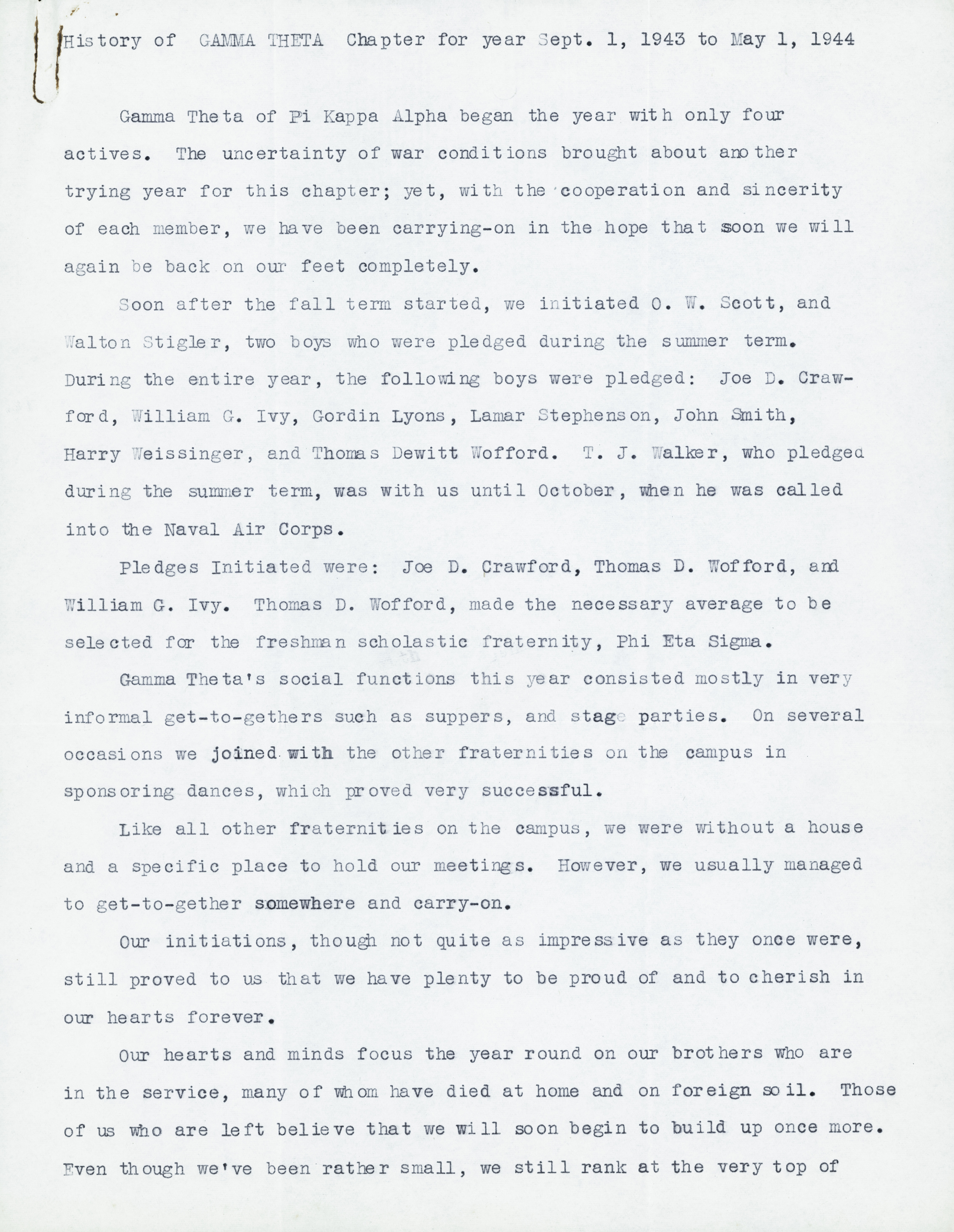 History of Gamma Theta Chapter, September 1, 1943-May 1, 1944