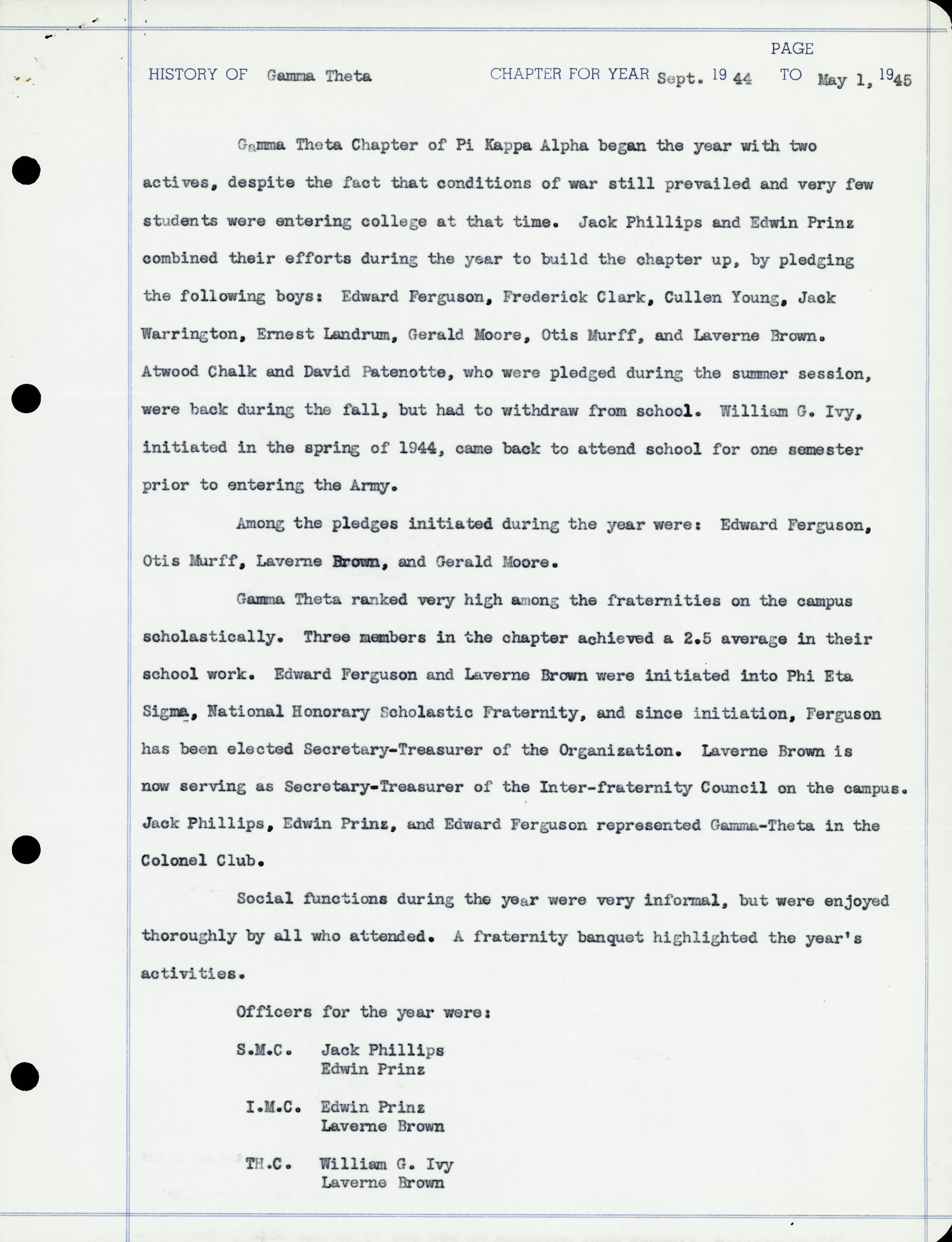 History of Gamma Theta Chapter, September 1944-May, 1, 1945