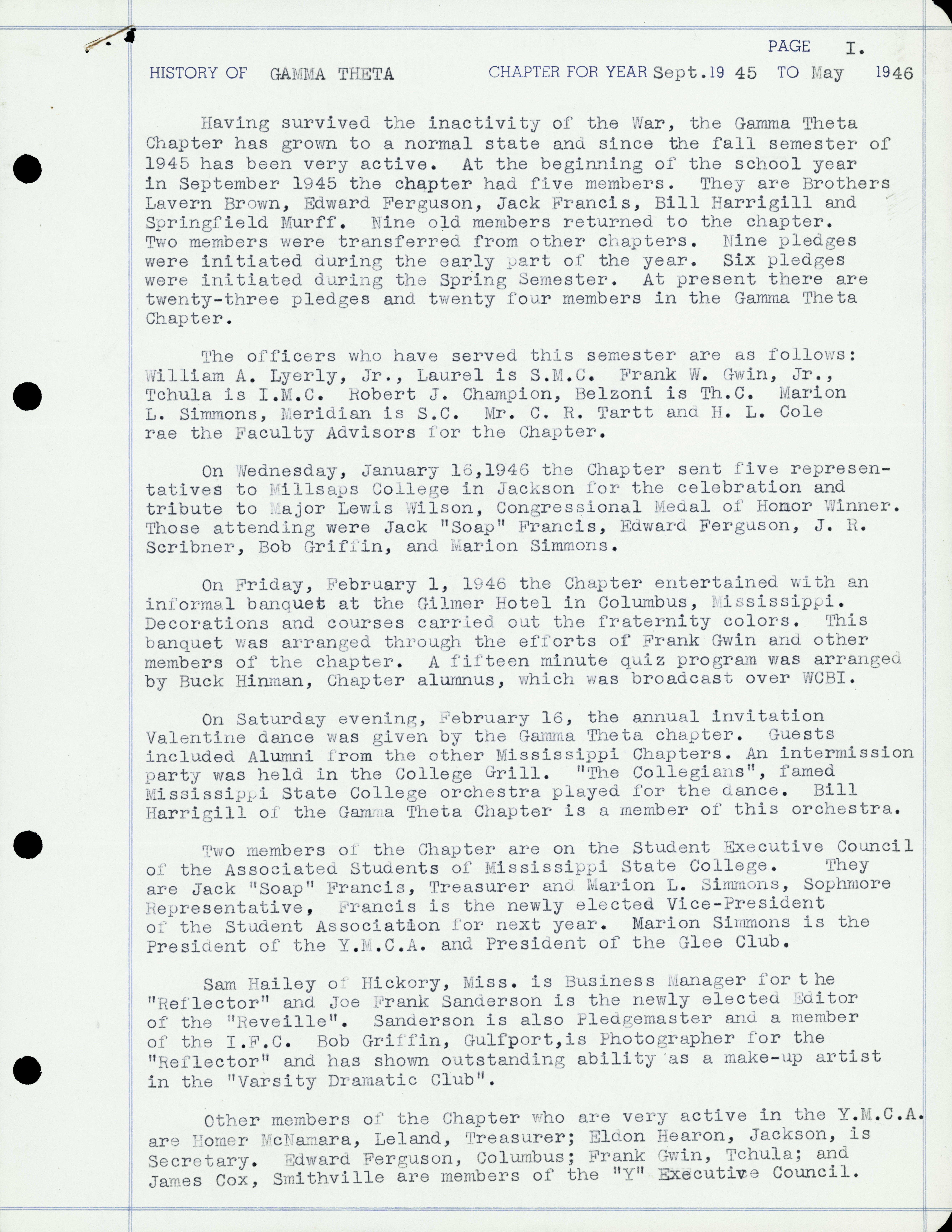 History of Gamma Theta Chapter, September 1945-May 1946