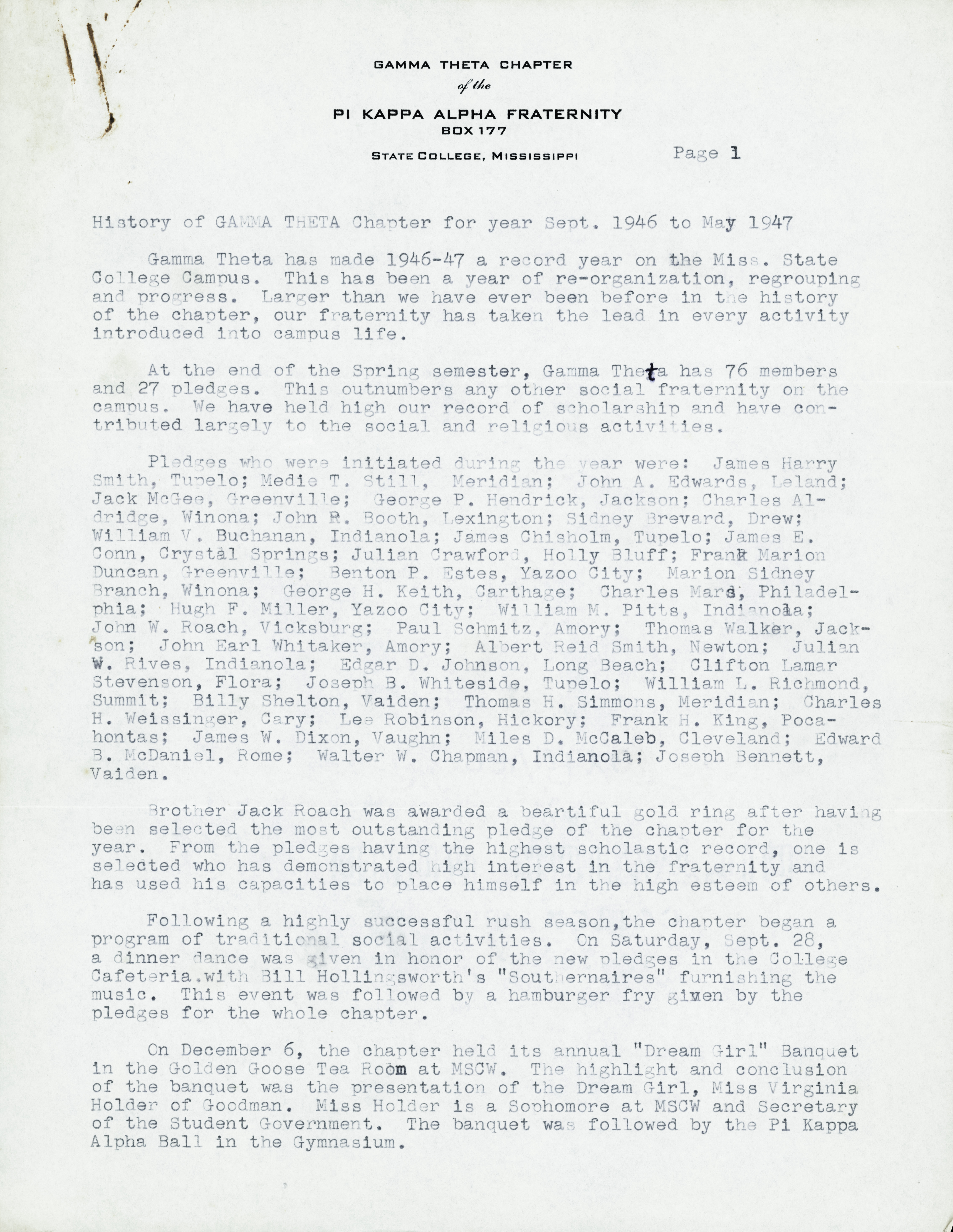 History of Gamma Theta Chapter Transcript, September 1946-May 1947