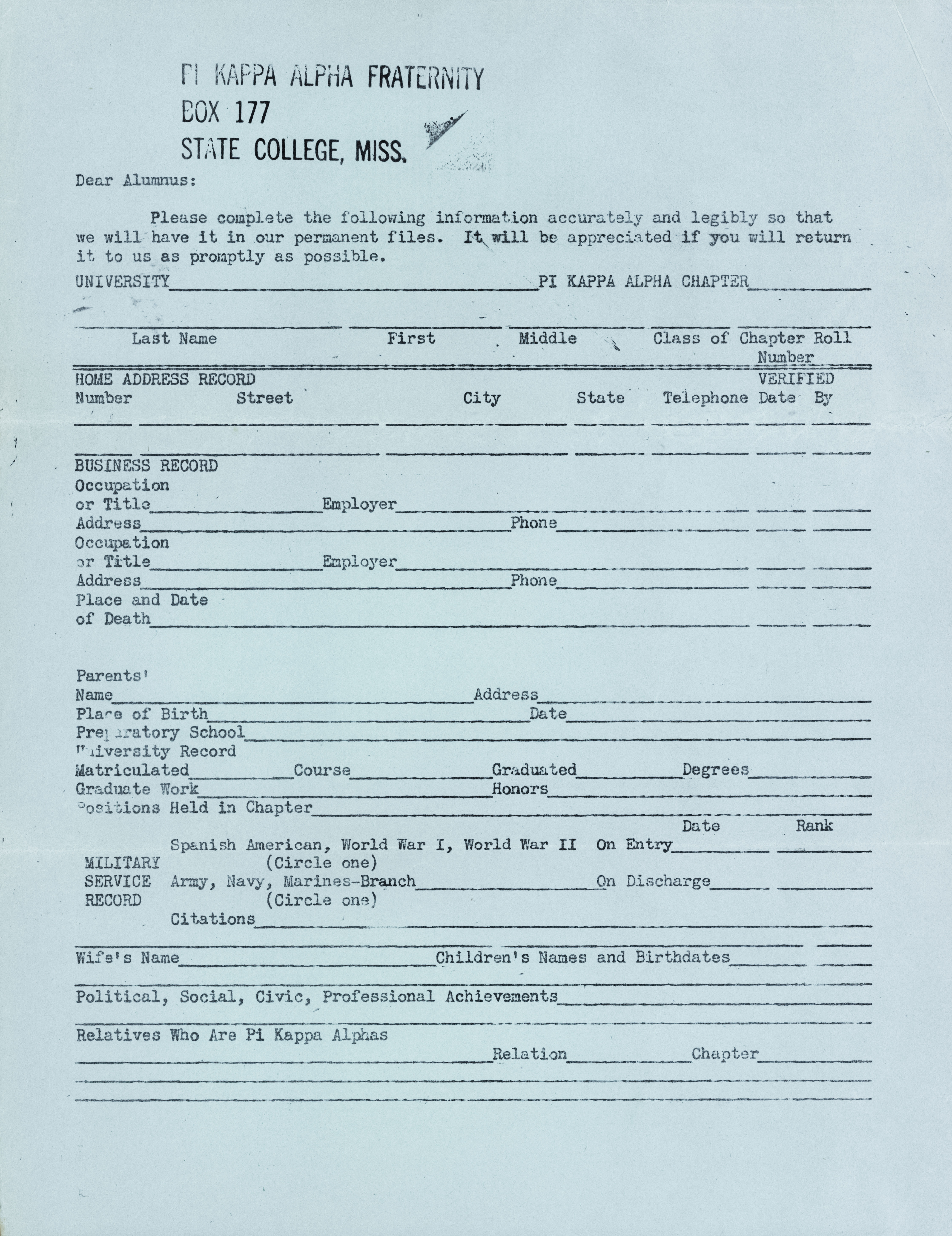 Alumni Information Form, c. 1940s