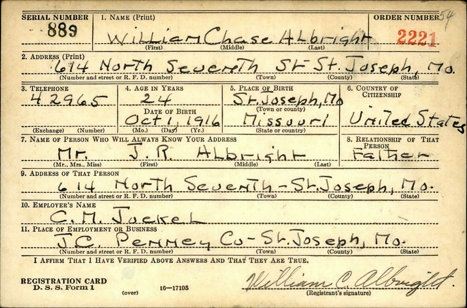 William Chase Albright Draft Registration Card