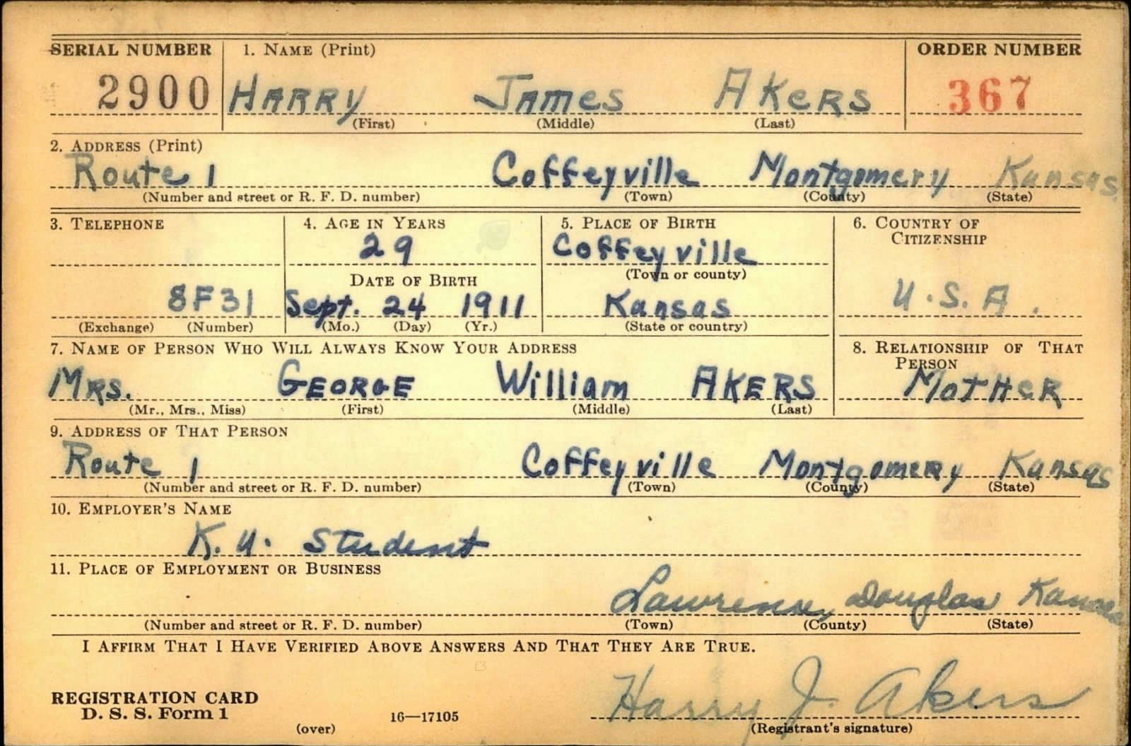 Harry James Akers Draft Registration Card