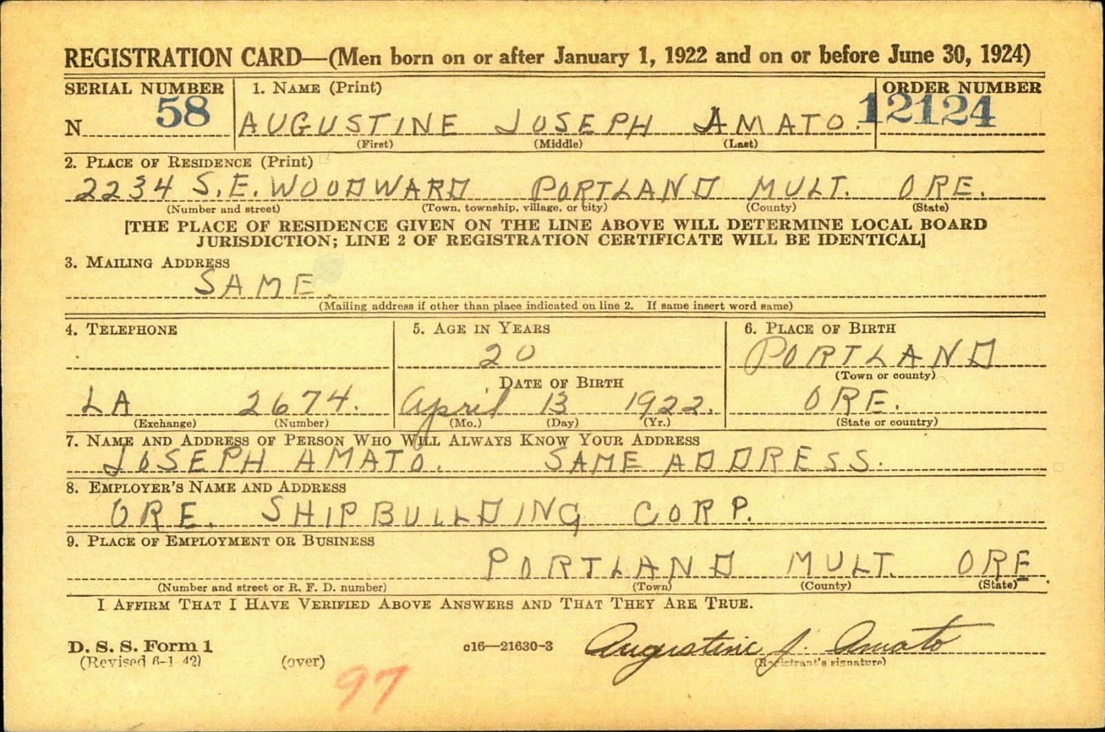 Augustine Joseph Amato Draft Registration Card