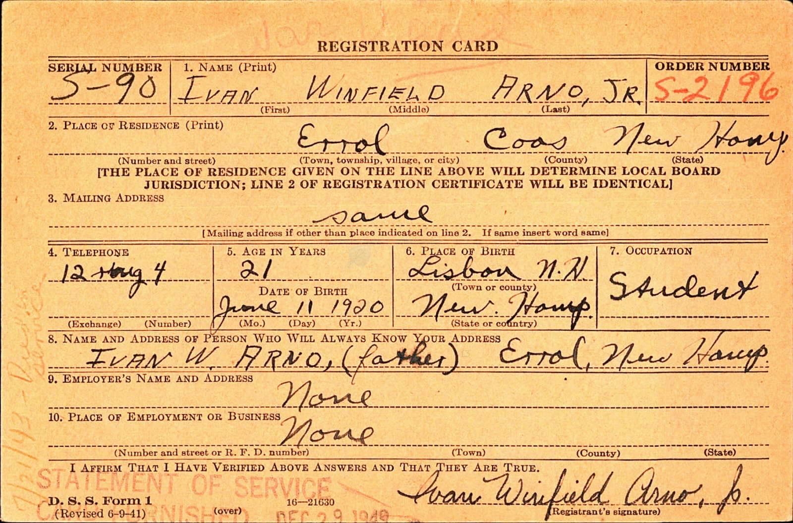 Ivan Winfield Arno Draft Registration Card
