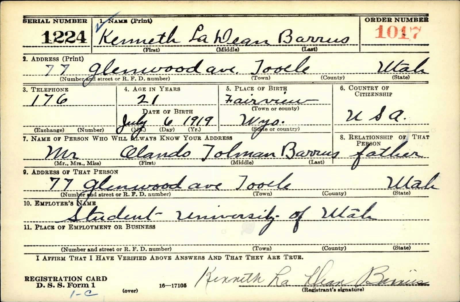 Kenneth Ladean Barrus Draft Registration Card