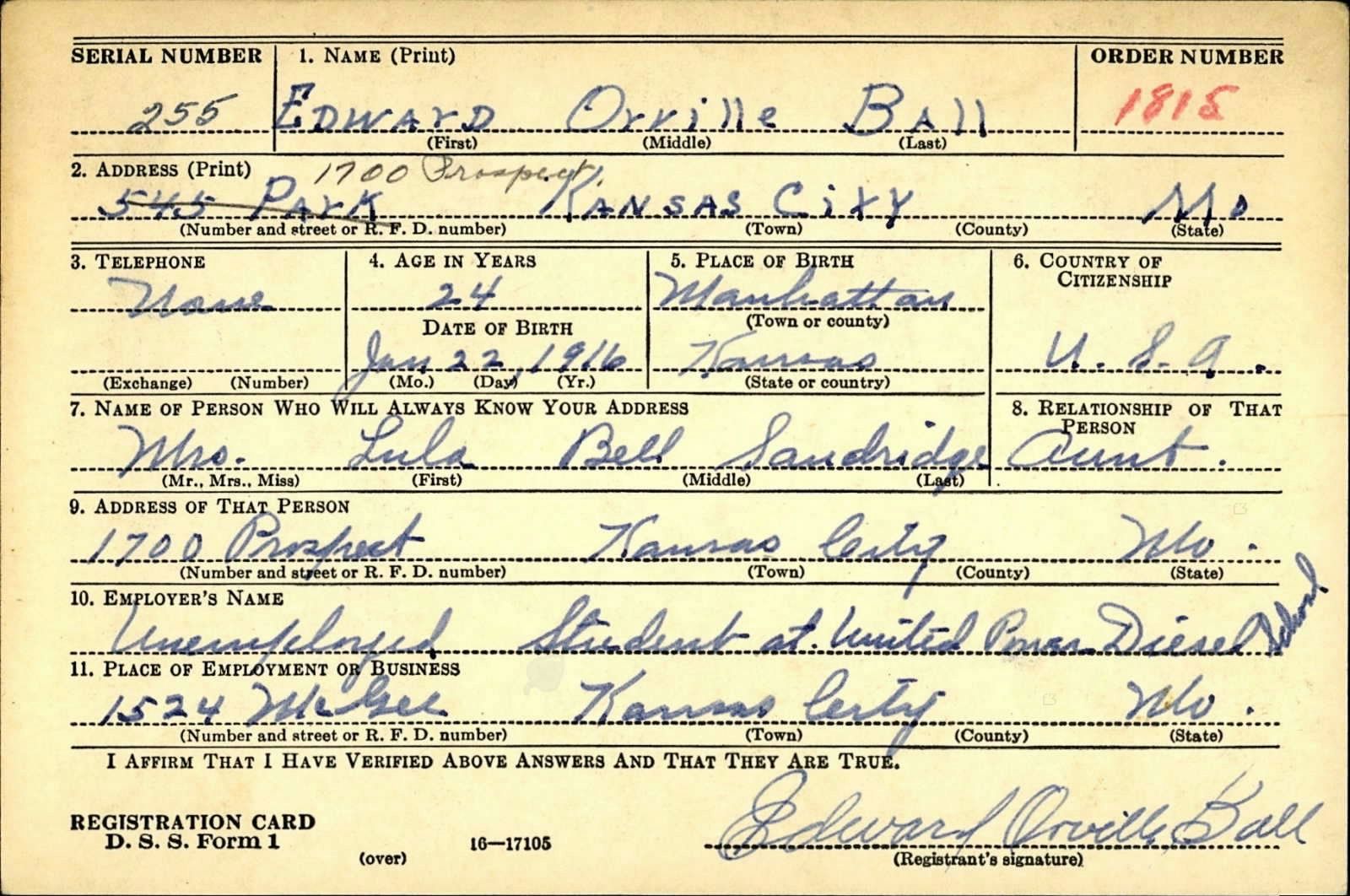 Edward Orville Ball Draft Registration Card
