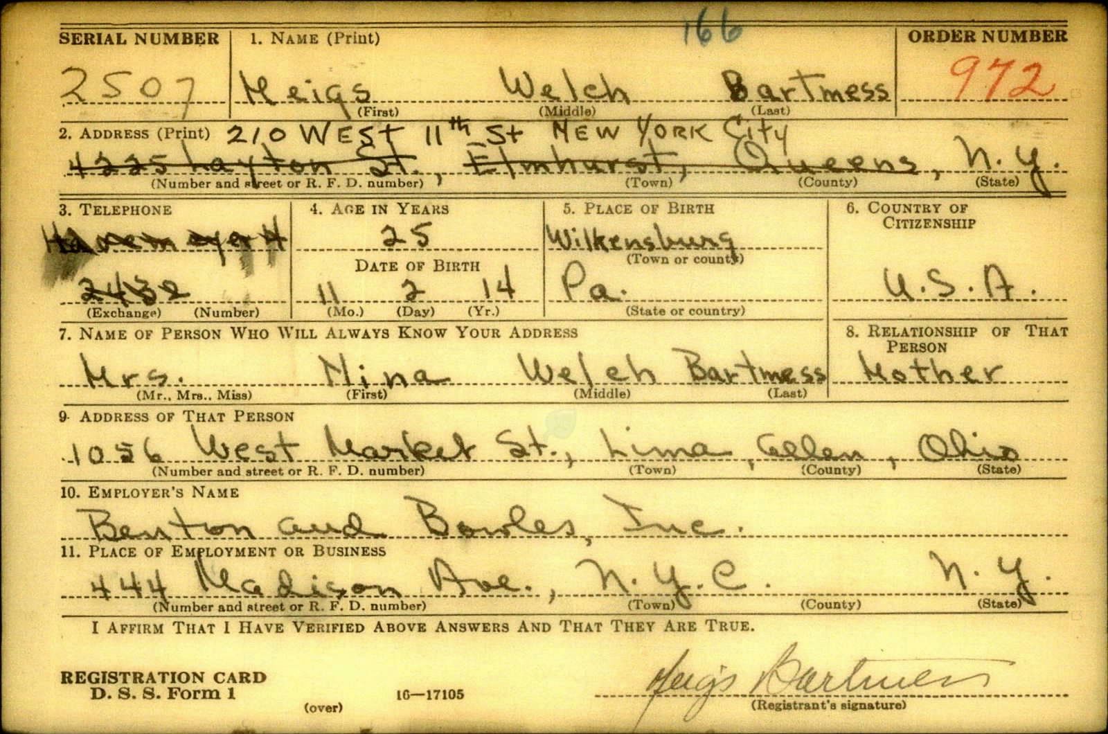 Meigs Welch Bartmess Draft Registration Card