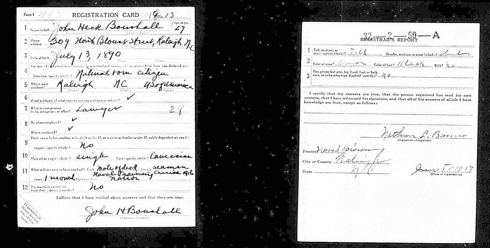 John Heck Boushall Draft Registration Card