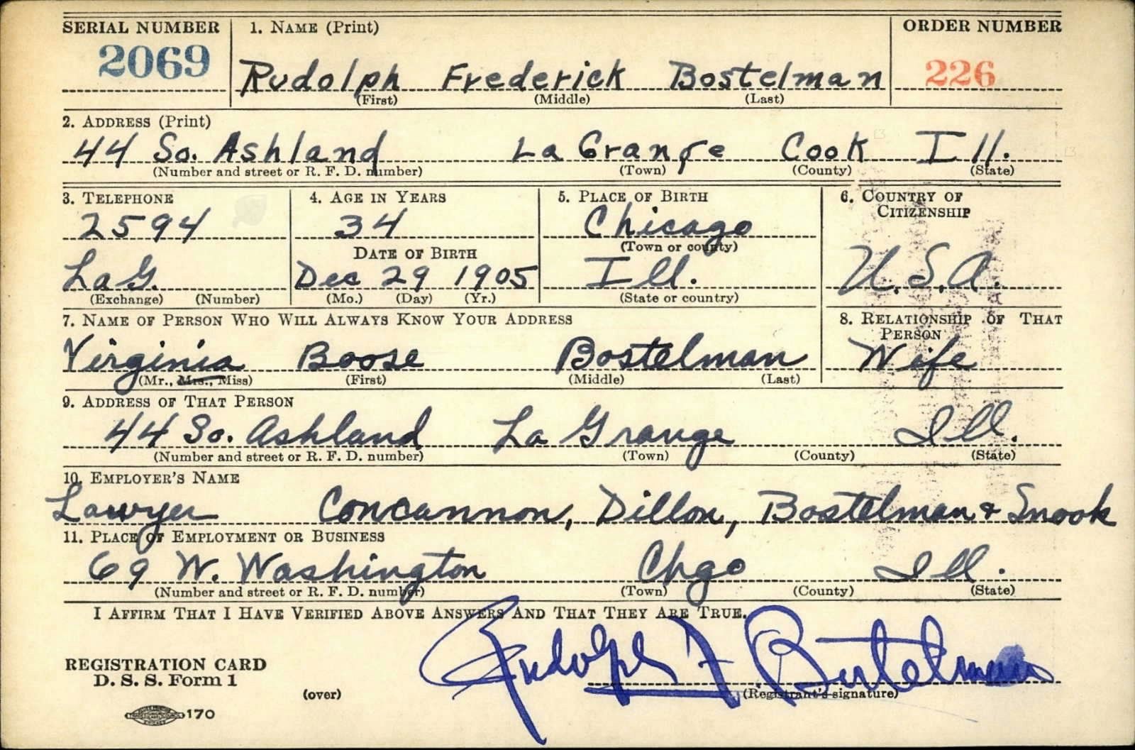 Rudolph Frederick Bostelman Draft Registration Card