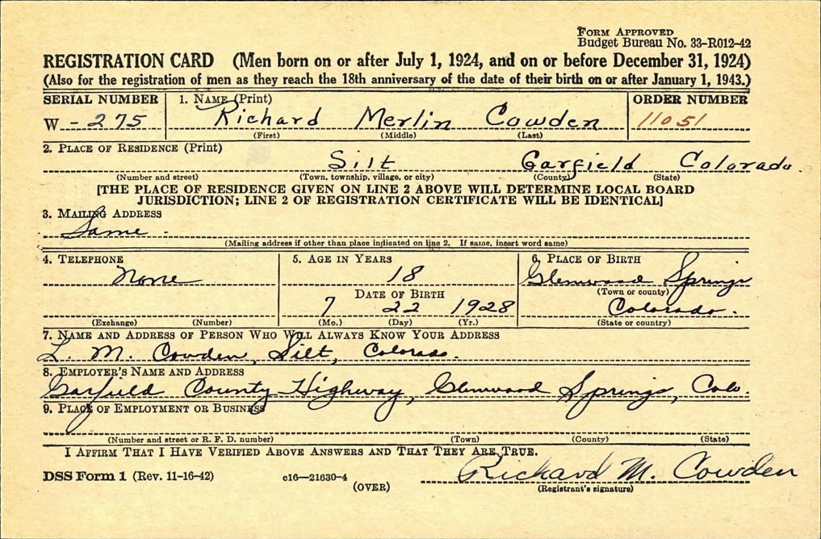 Richard Merlin Cowden Draft Registration Card
