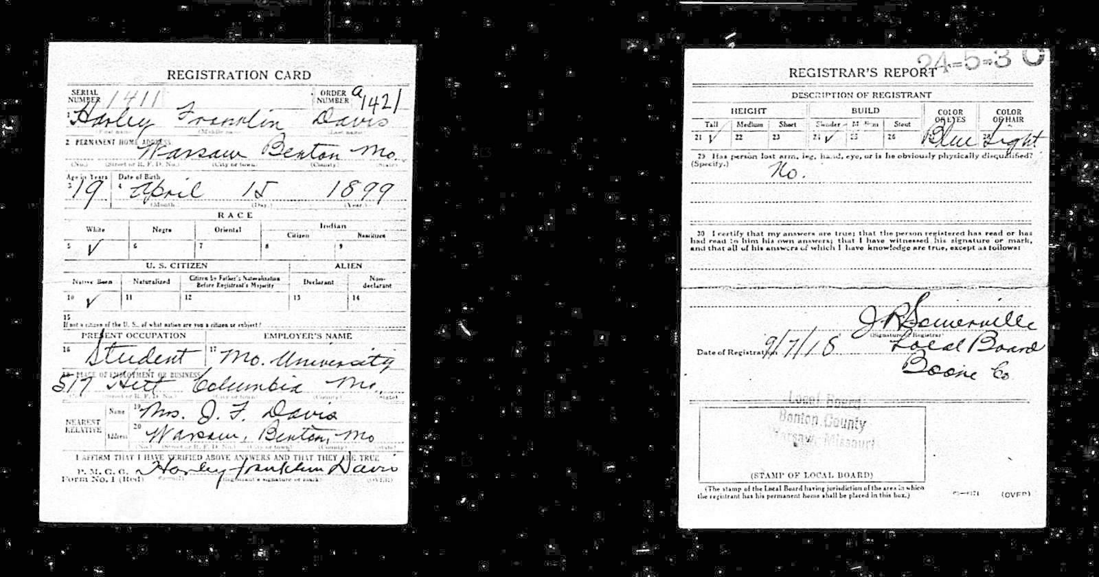 Harley Franklin Davis Draft Registration Card