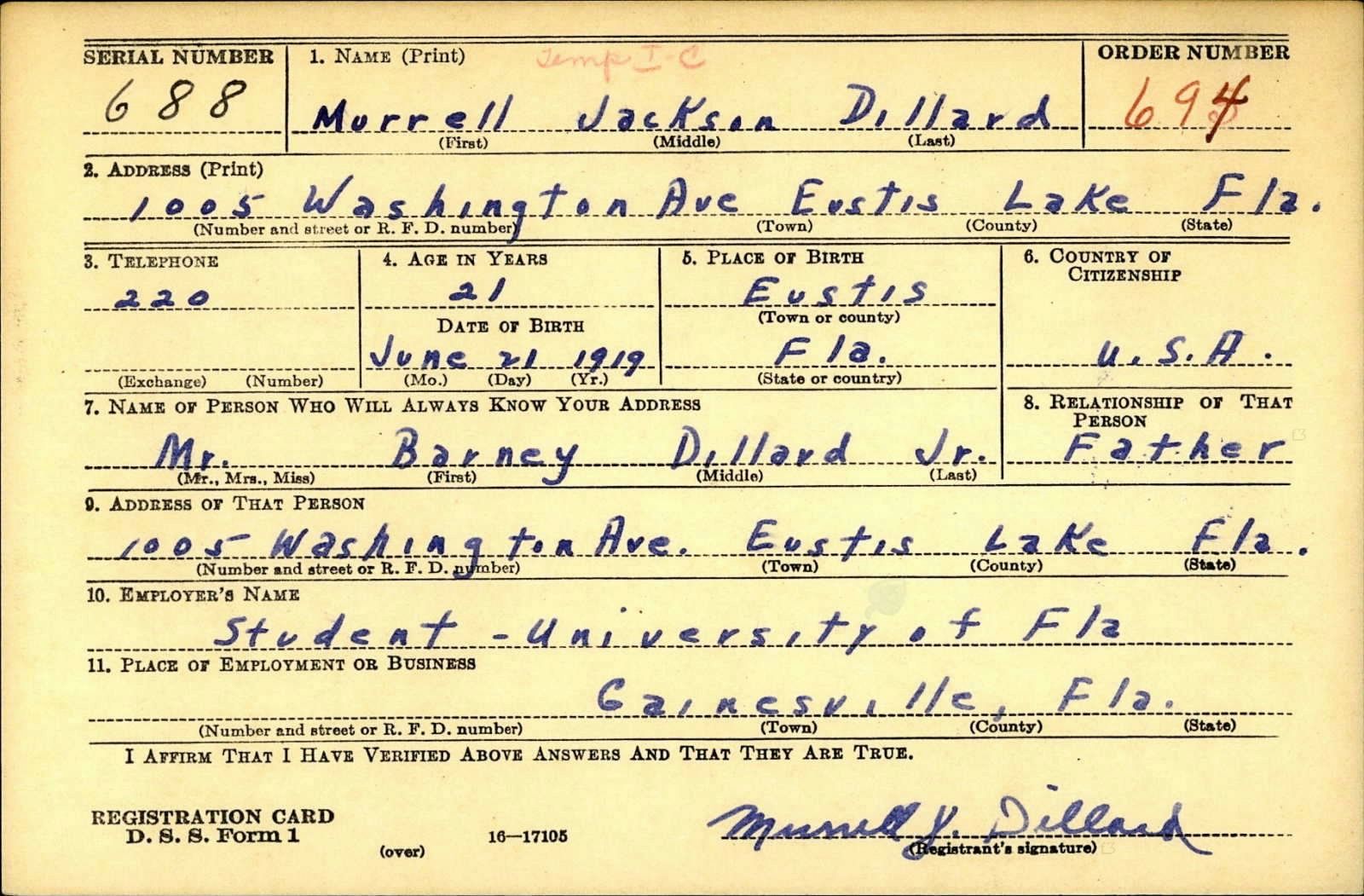 Murrell Jackson Dillard Draft Registration Card