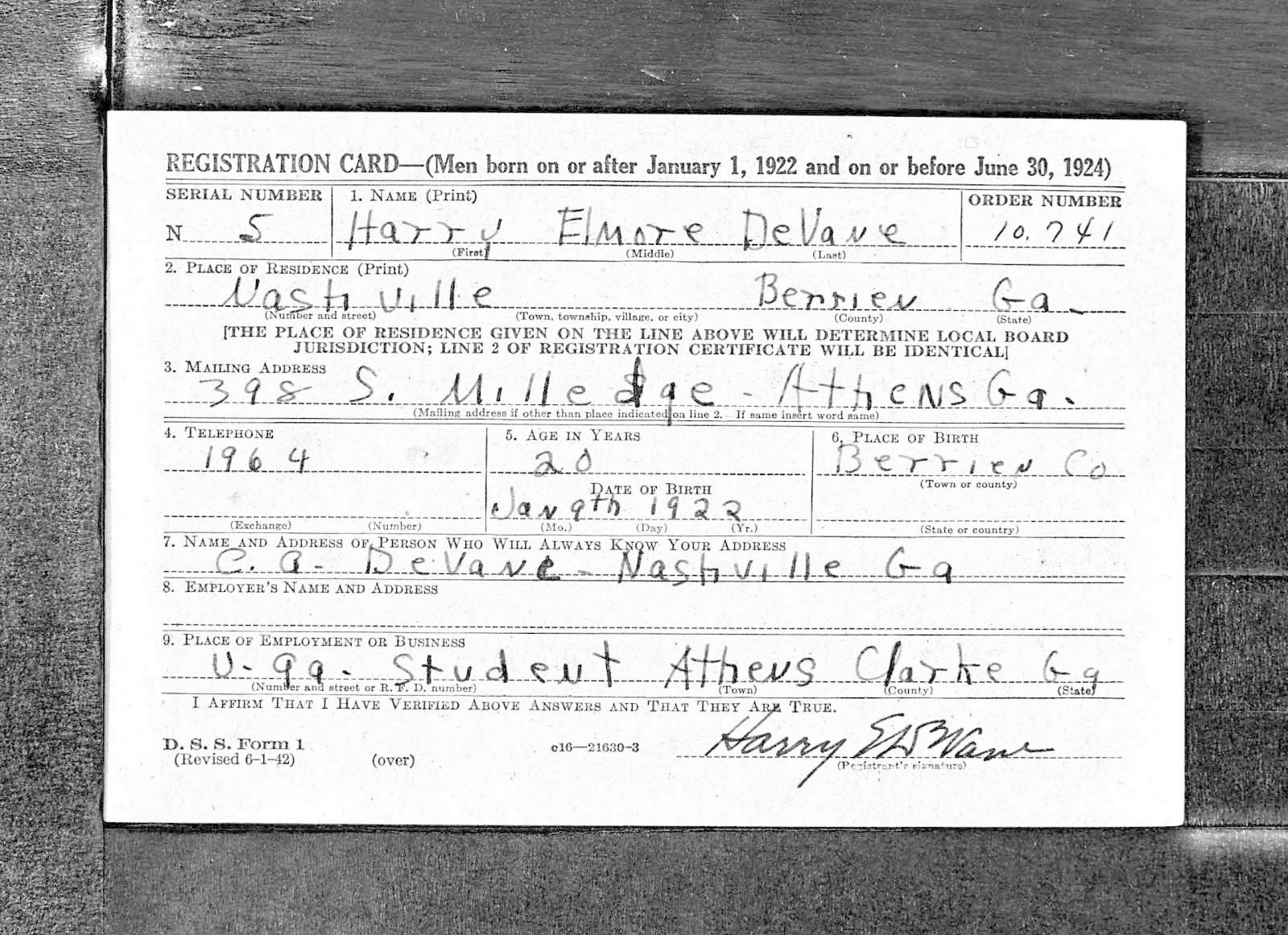 Harry Elmore Devane Draft Registration Card