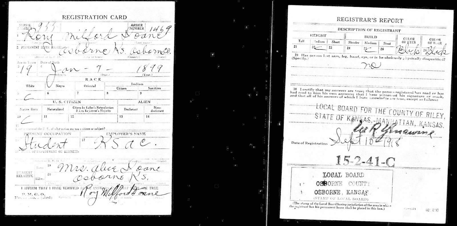 Roy Milford Doane Draft Registration Card