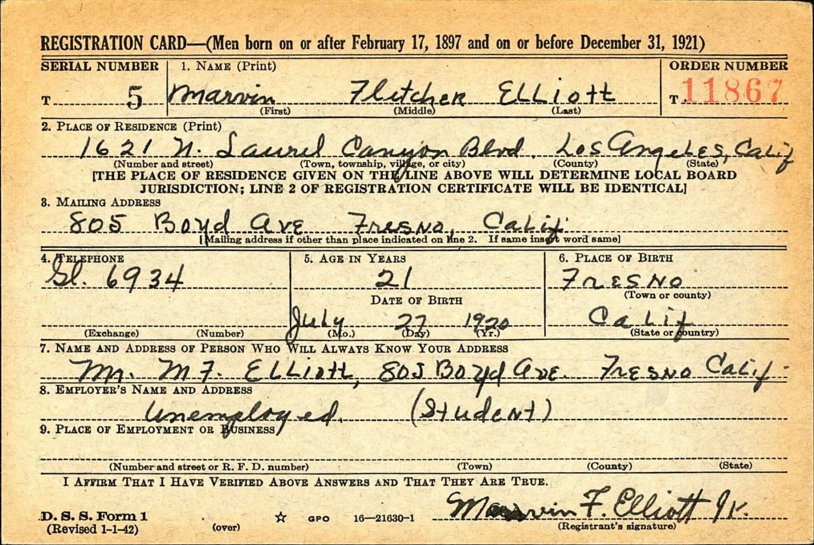 Marvin Fletcher Elliott Draft Registration Card
